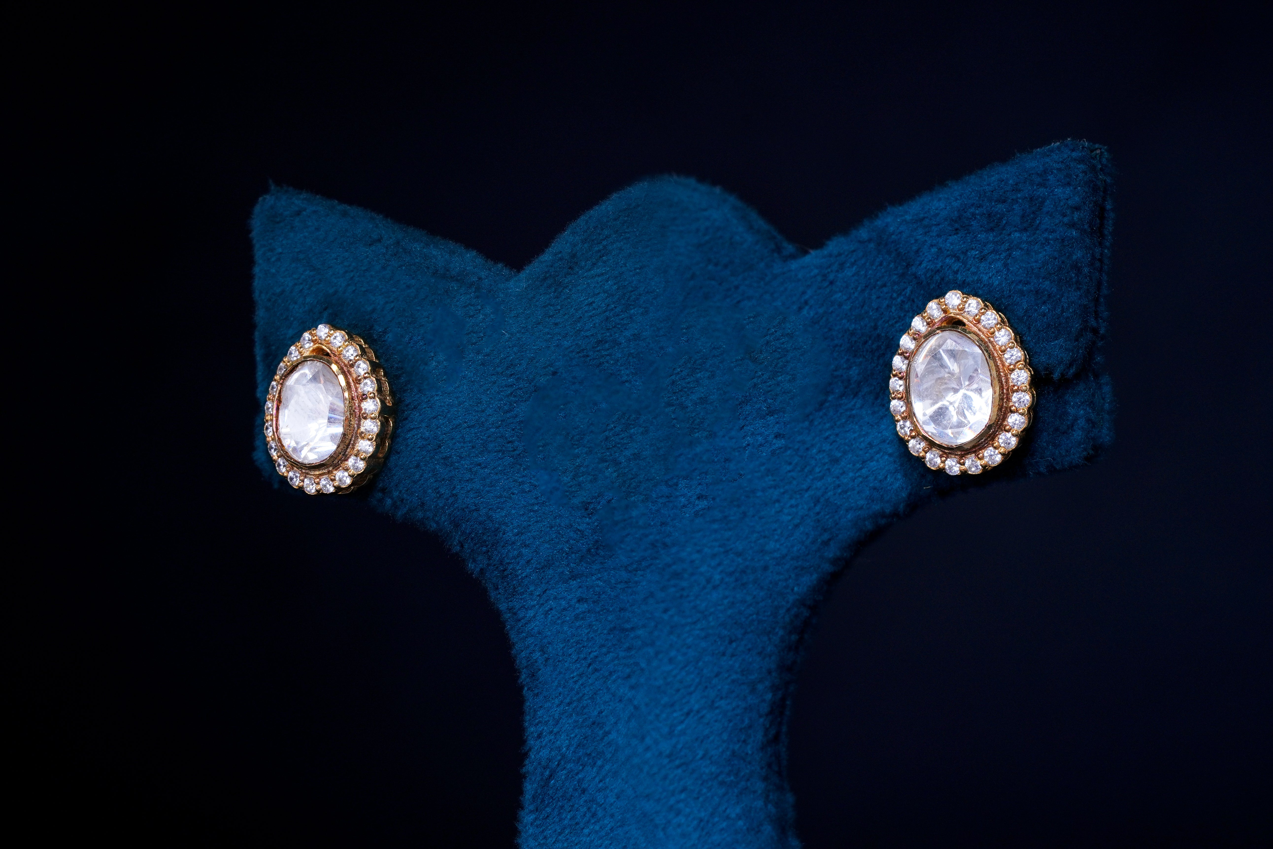 Oval Polki Stone Silver Stud Earrings