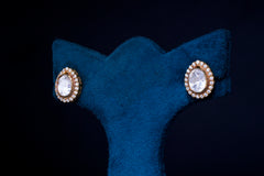 Oval Polki Stone Silver Stud Earrings