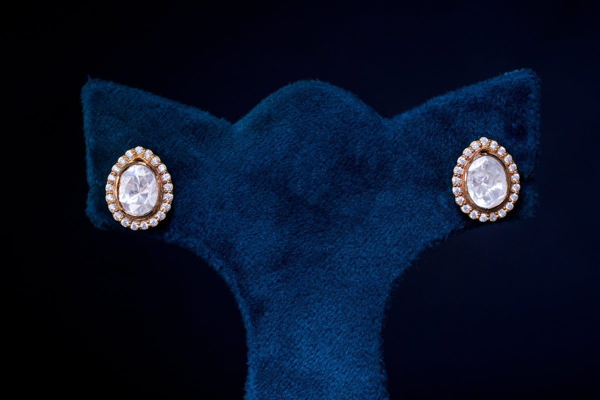 Oval Polki Stone Silver Stud Earrings