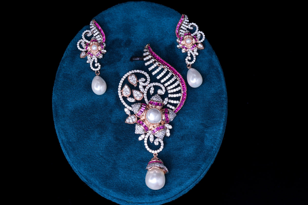 Pearl Ruby Diamond Paisley Pendant Set