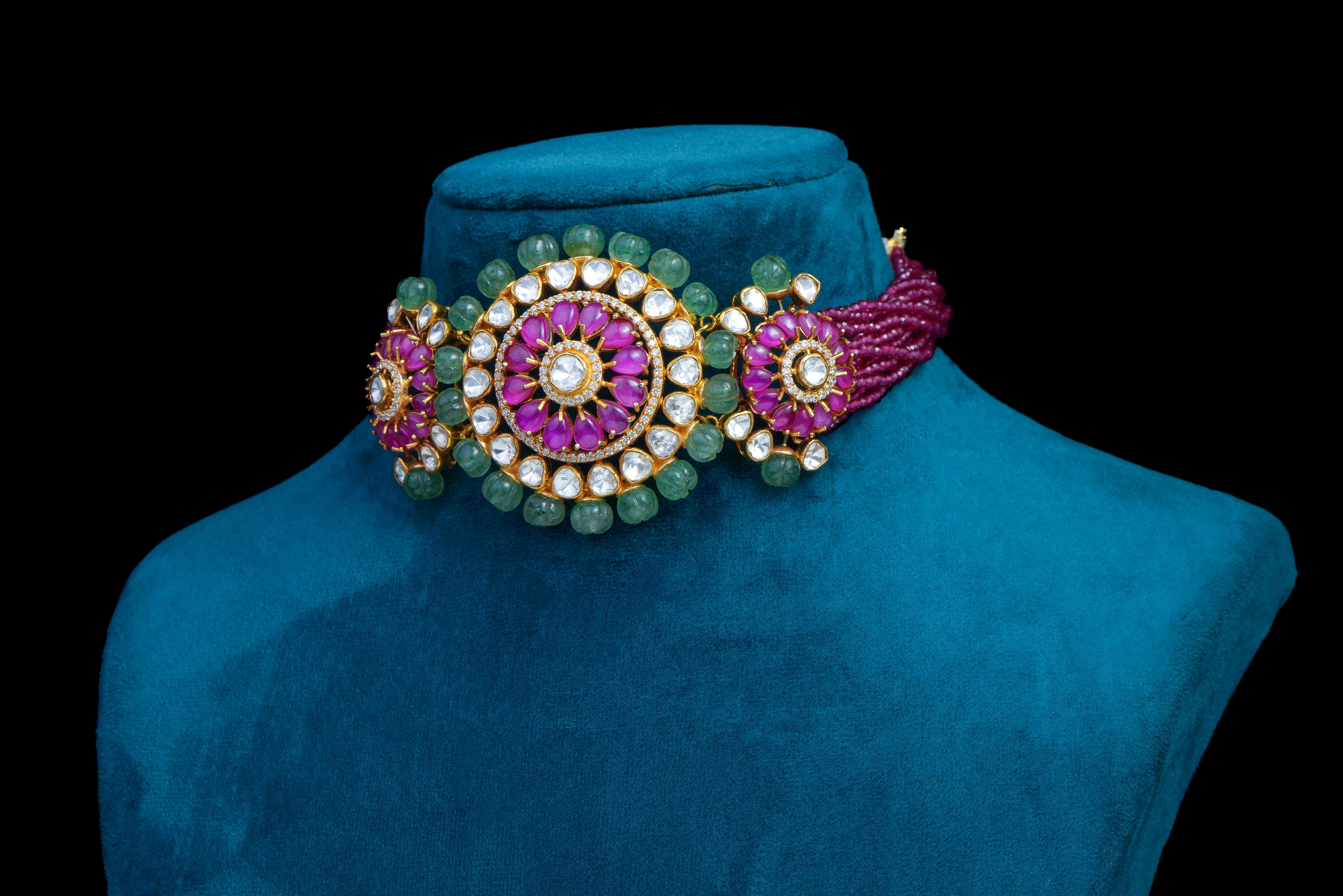Ruby Floral Beaded Choker Set