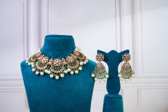 Royal Green Kundan Choker Set with Pearl Drops