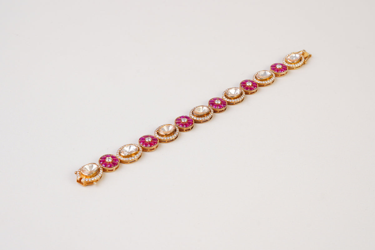 Elegant Polki Diamond & Ruby Floral Bracelet