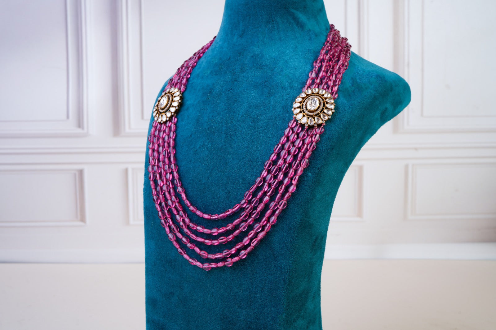 Pink Beaded Kundan Necklace Set with Stud Earrings