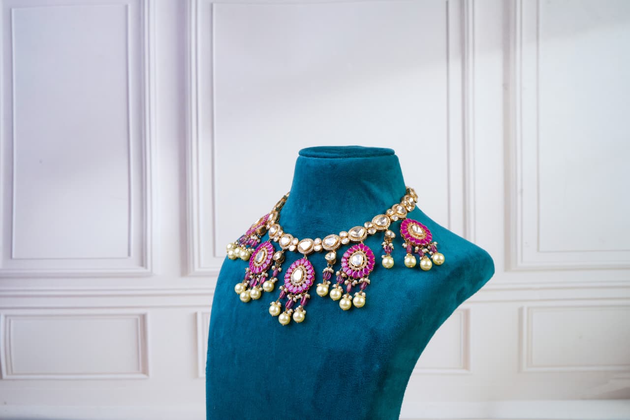 Pink Kundan Choker Set with Pearl Drops