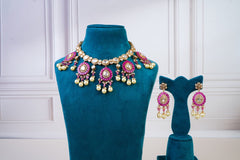 Pink Kundan Choker Set with Pearl Drops