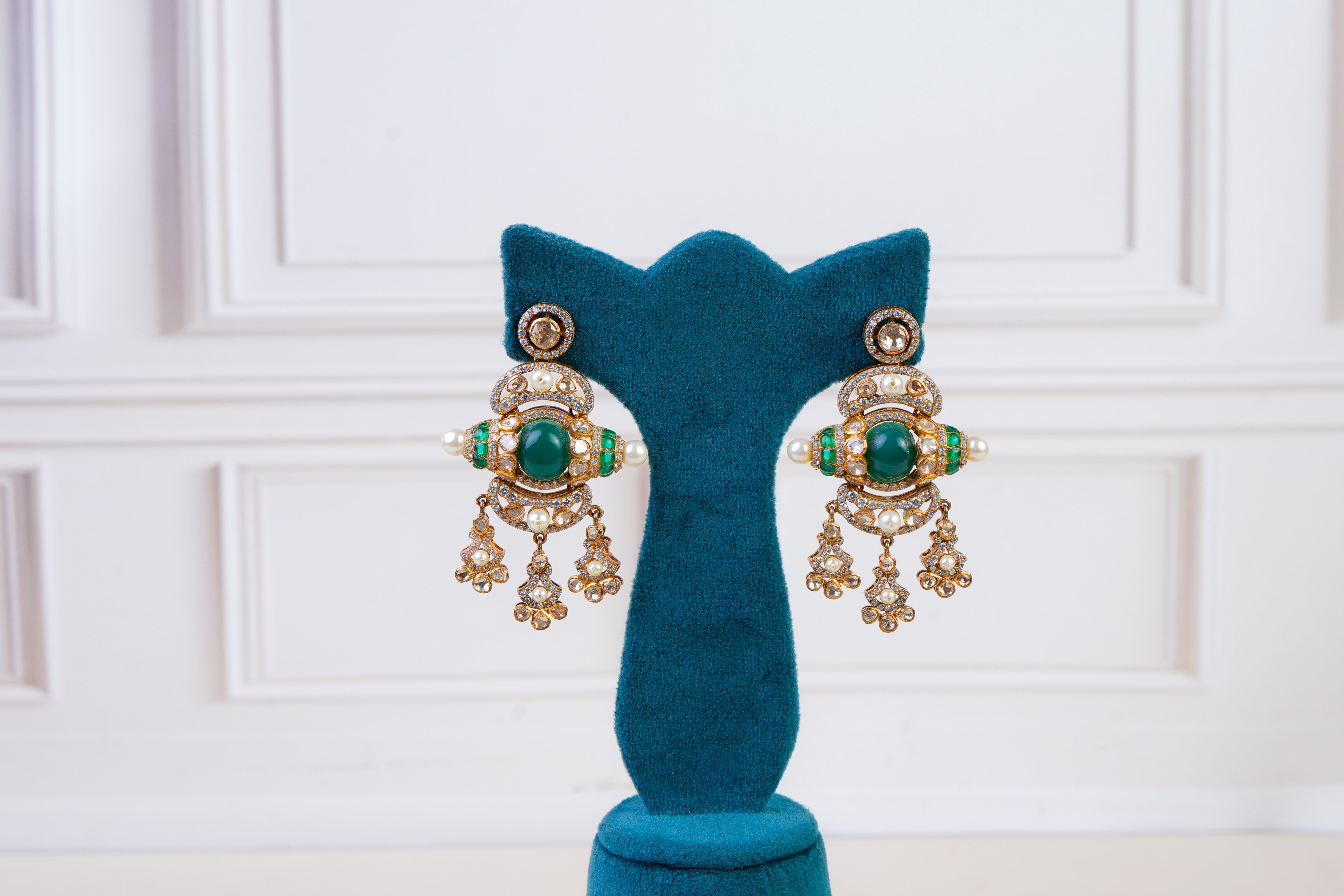 Emerald Pearl Long Necklace Set with Statement Pendant