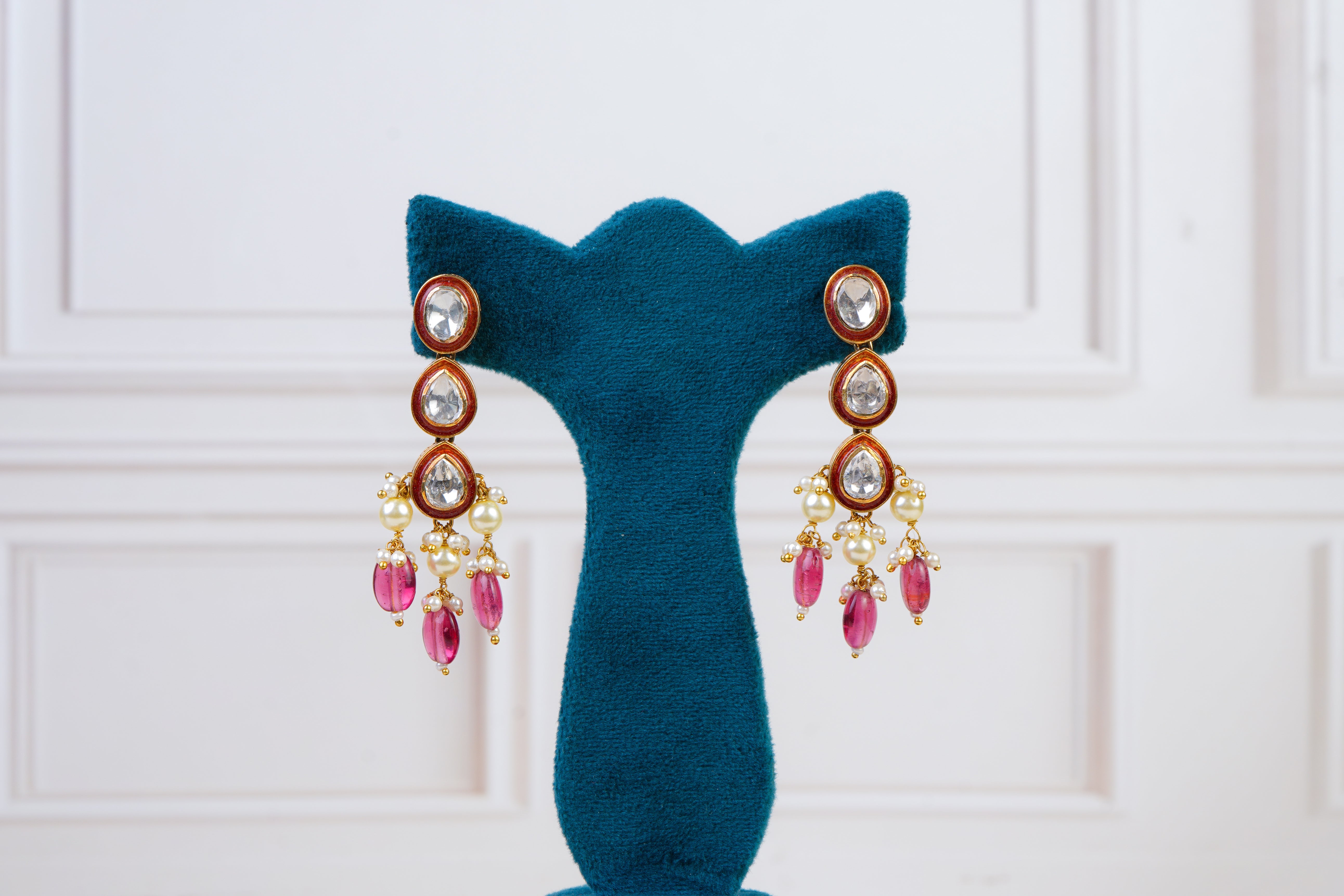 Pink Crystal Kundan Necklace Set with Drop Earrings