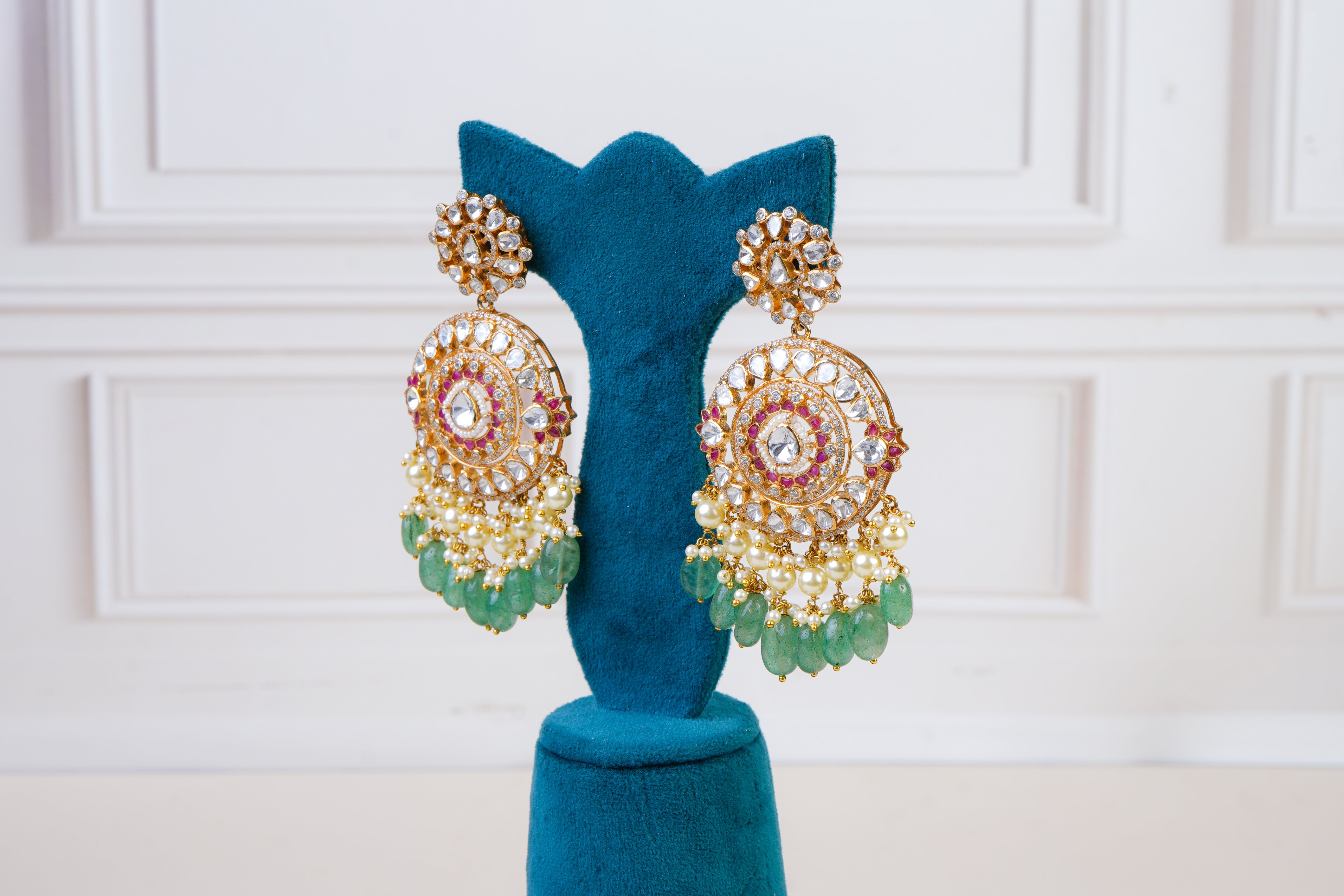 Grand Polki Kundan Chandbali Earrings with Emerald Drops