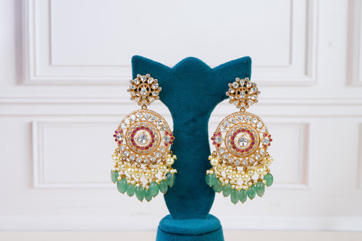 Grand Polki Kundan Chandbali Earrings with Emerald Drops