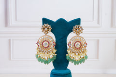 Grand Polki Kundan Chandbali Earrings with Emerald Drops