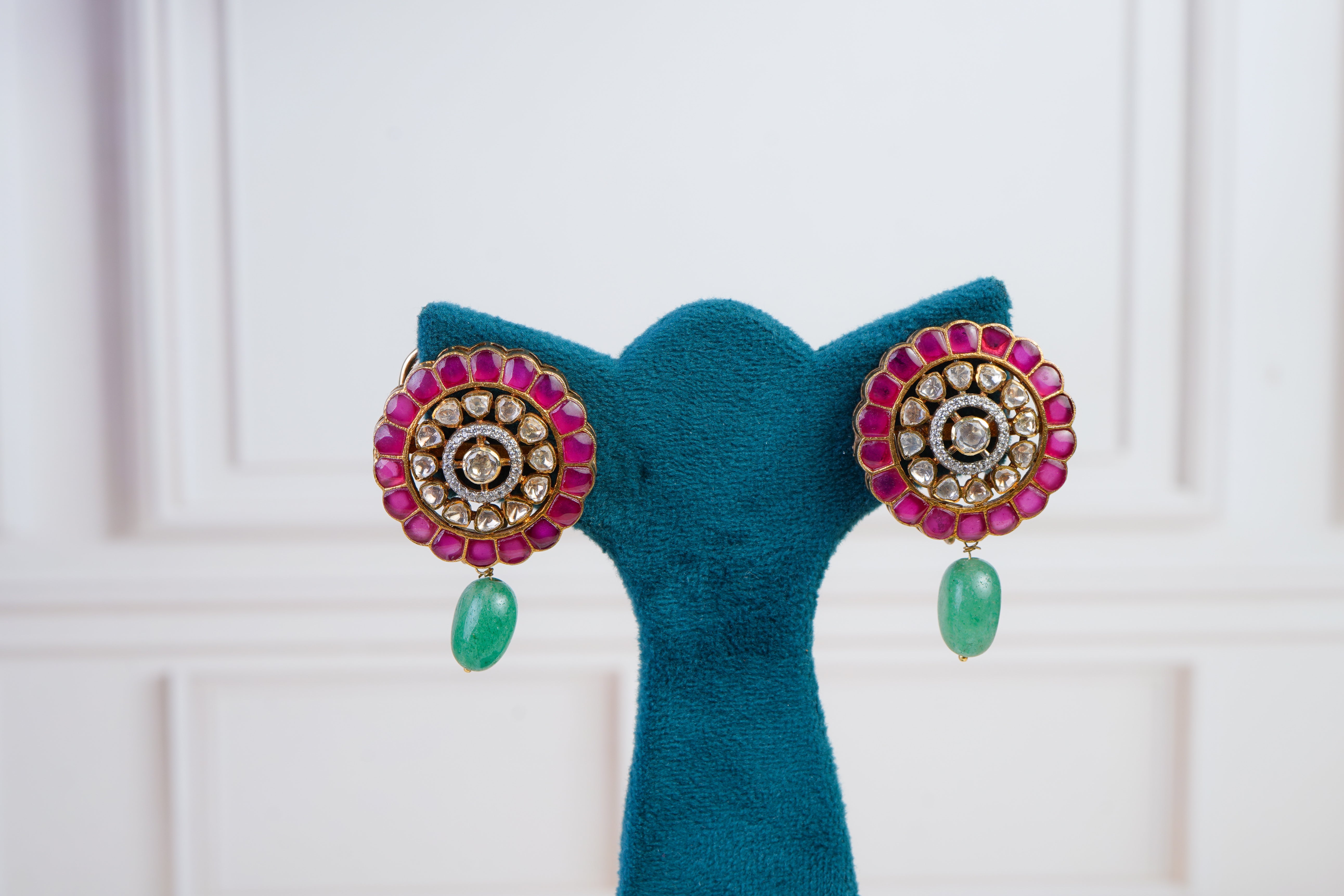 Green Beaded Pendant Necklace Set with Pink Kundan Accents