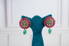 Green Beaded Pendant Necklace Set with Pink Kundan Accents