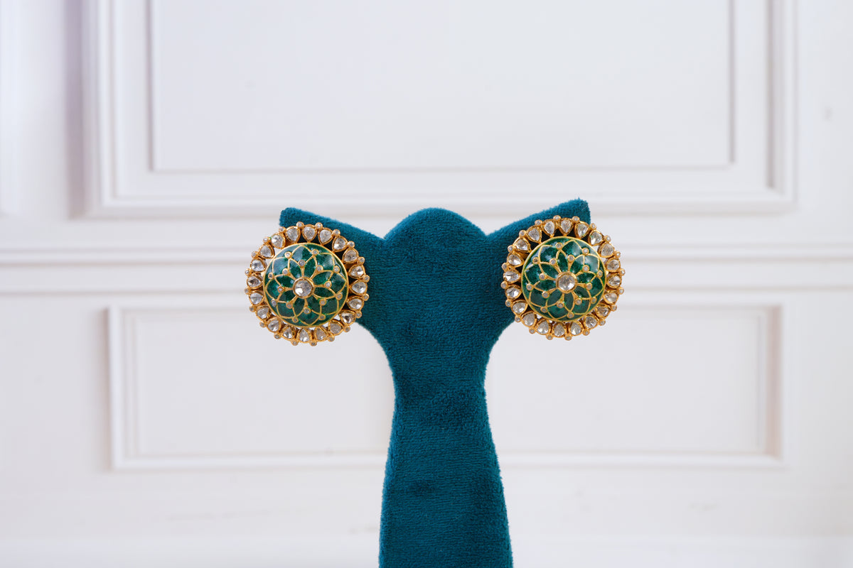 Emerald Meenakari Kundan Stud Earrings