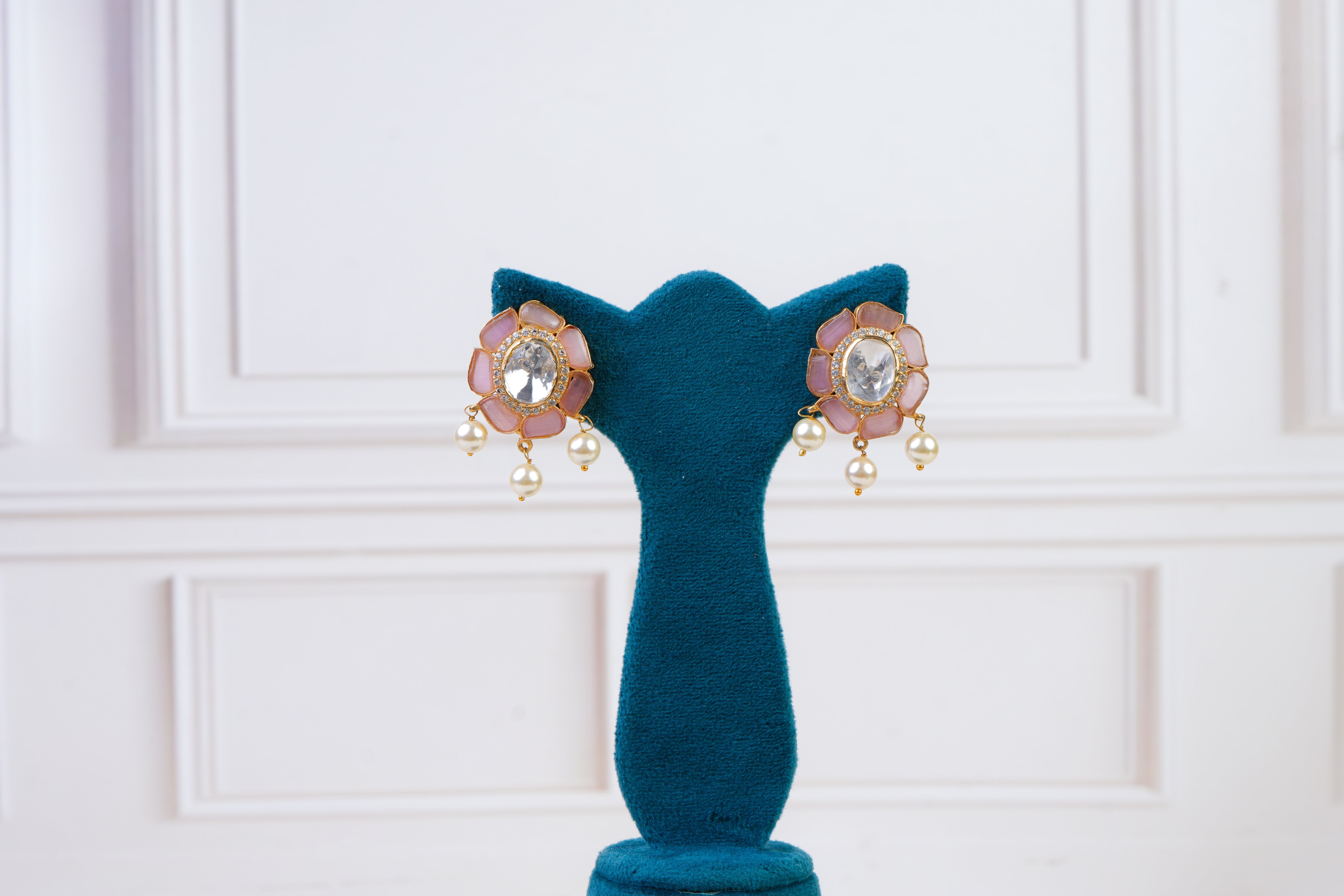 Pink Floral Polki Choker Set with Pearl Drops