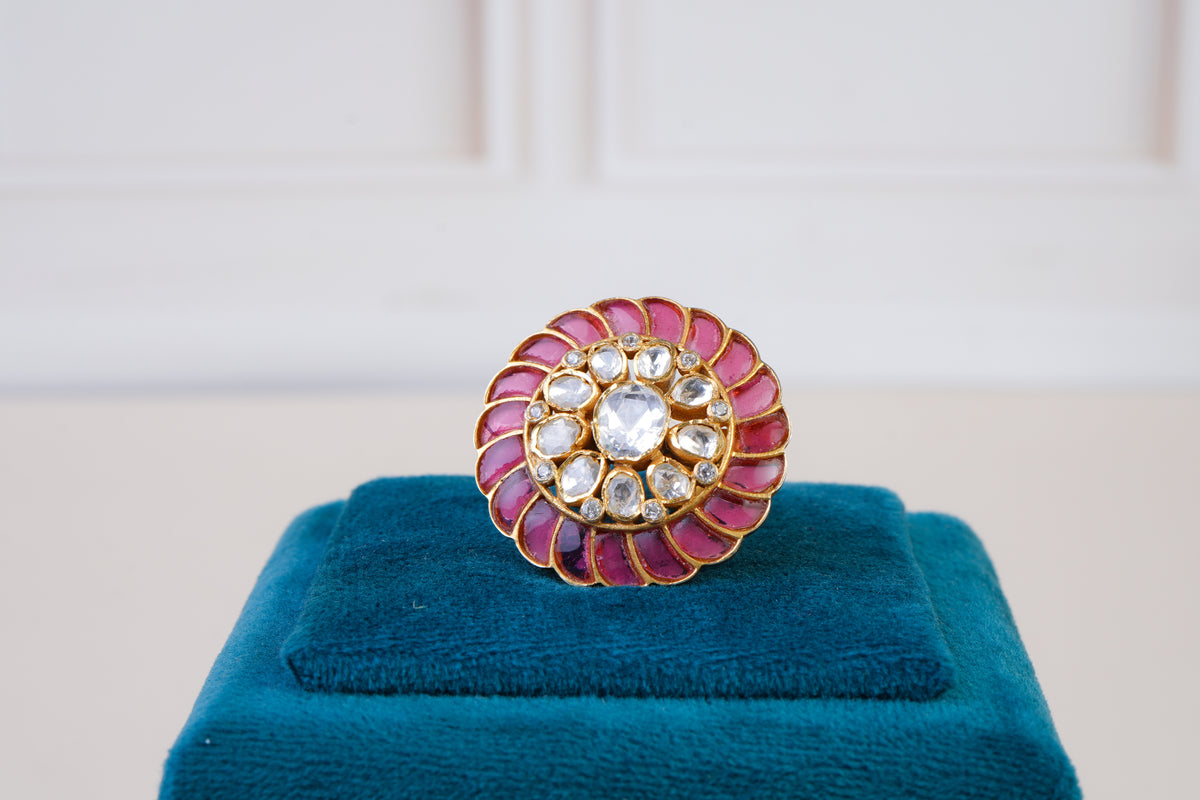 Pink Meenakari Polki Statement Ring