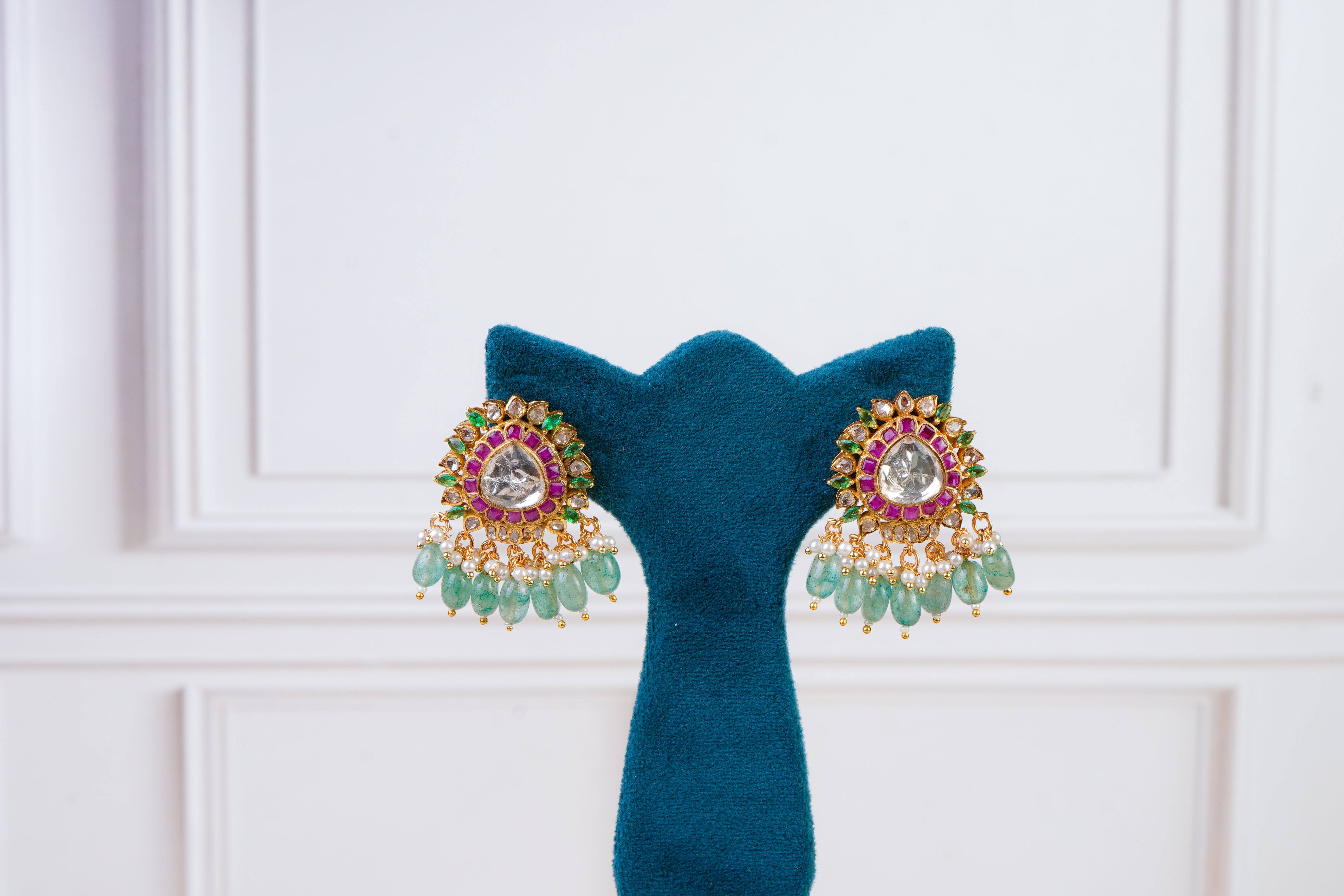 Aqua Green Beaded Kundan Pendant And Earrings
