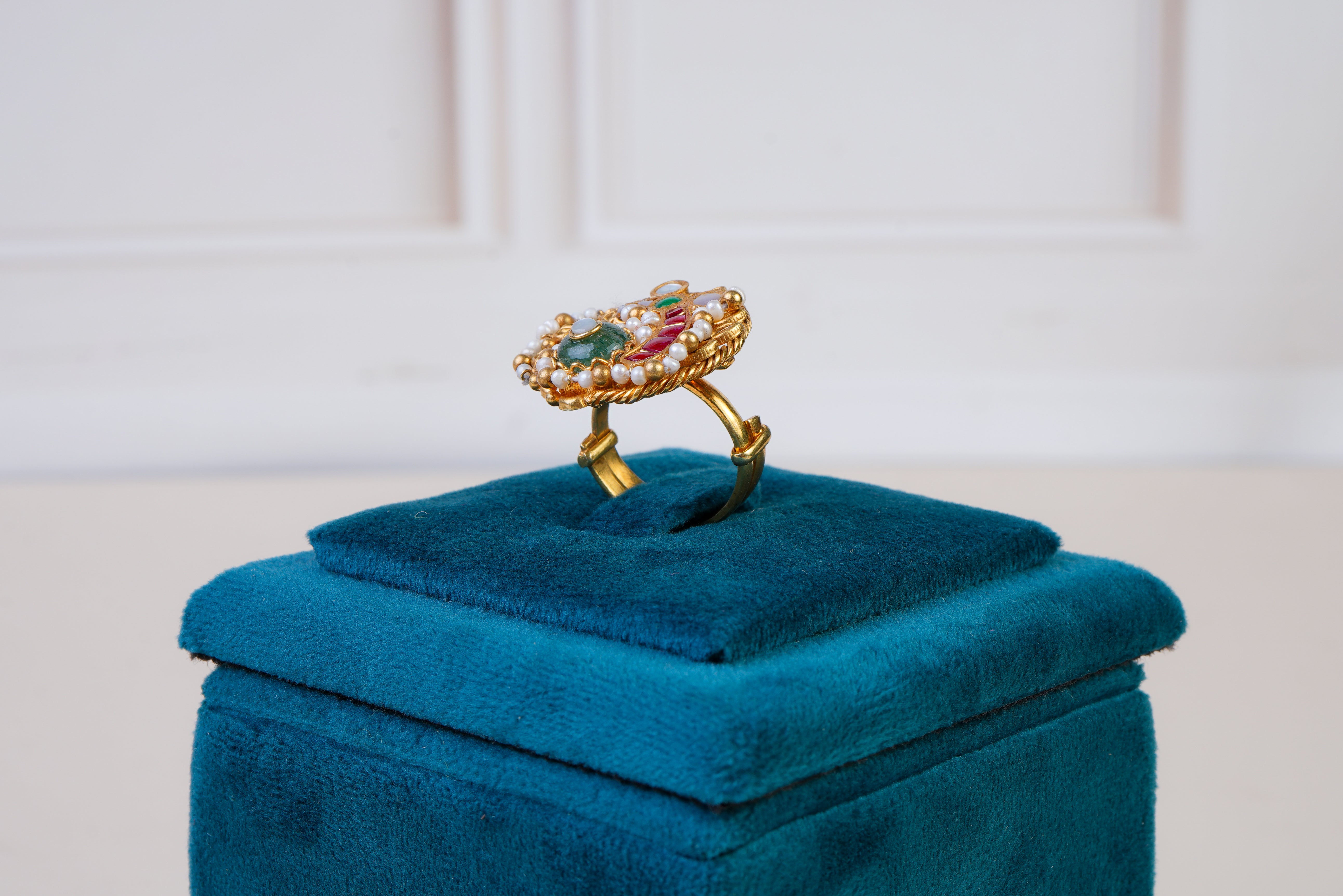 Vintage Heritage Kundan Floral Ring with Ruby, Emerald & Pearl Work