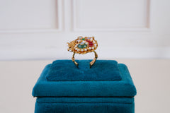 Vintage Heritage Kundan Floral Ring with Ruby, Emerald & Pearl Work