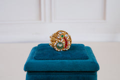 Vintage Heritage Kundan Floral Ring with Ruby, Emerald & Pearl Work