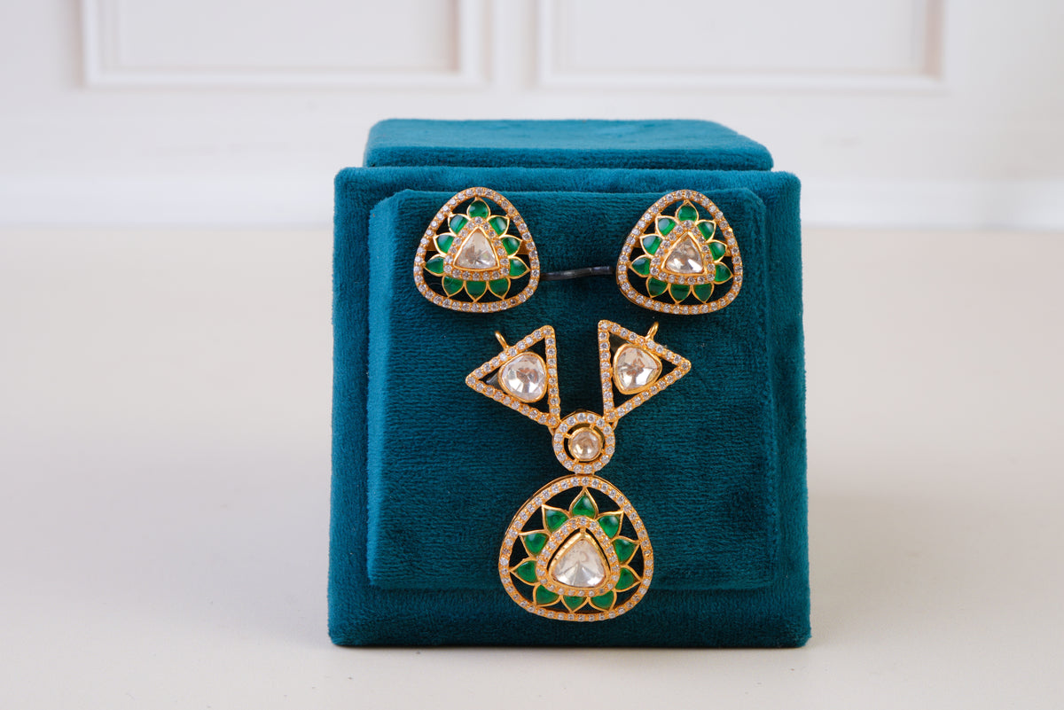 Emerald Polki Pendant with Triangle Stud Earrings