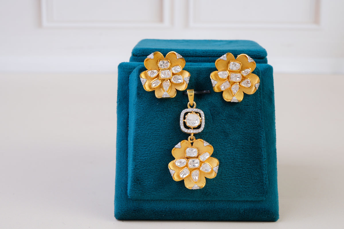 Floral Polki Pendant with Matching Stud Earrings