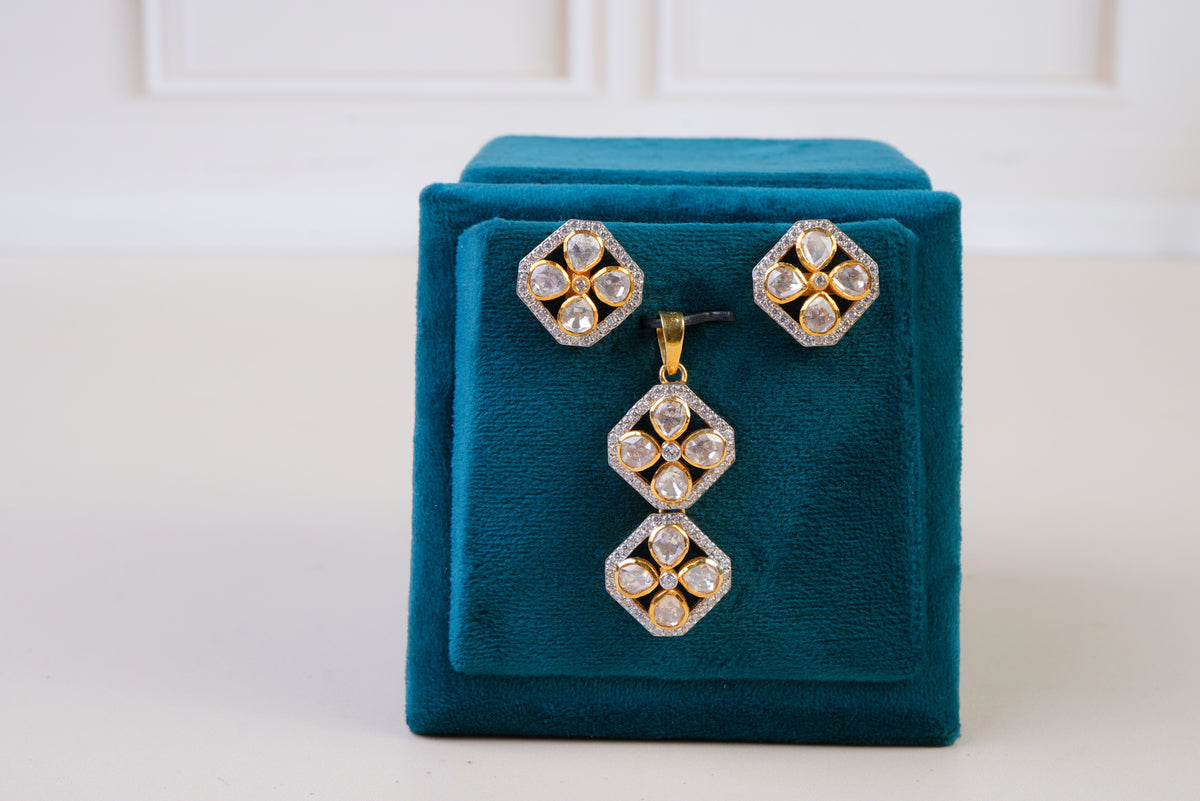 Geometric Polki Pendant Set with Matching Stud Earrings