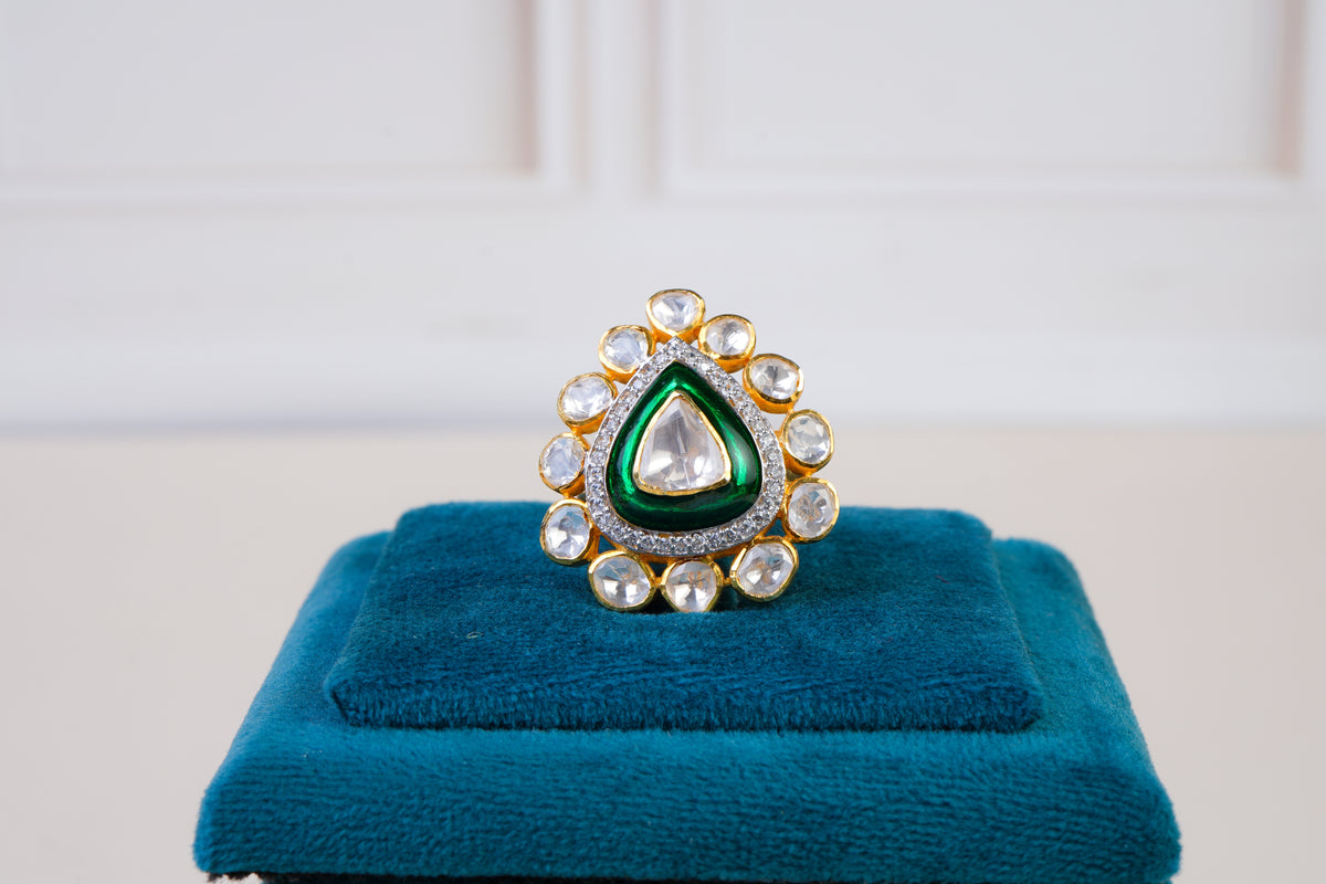 Emerald Polki Halo Statement Ring