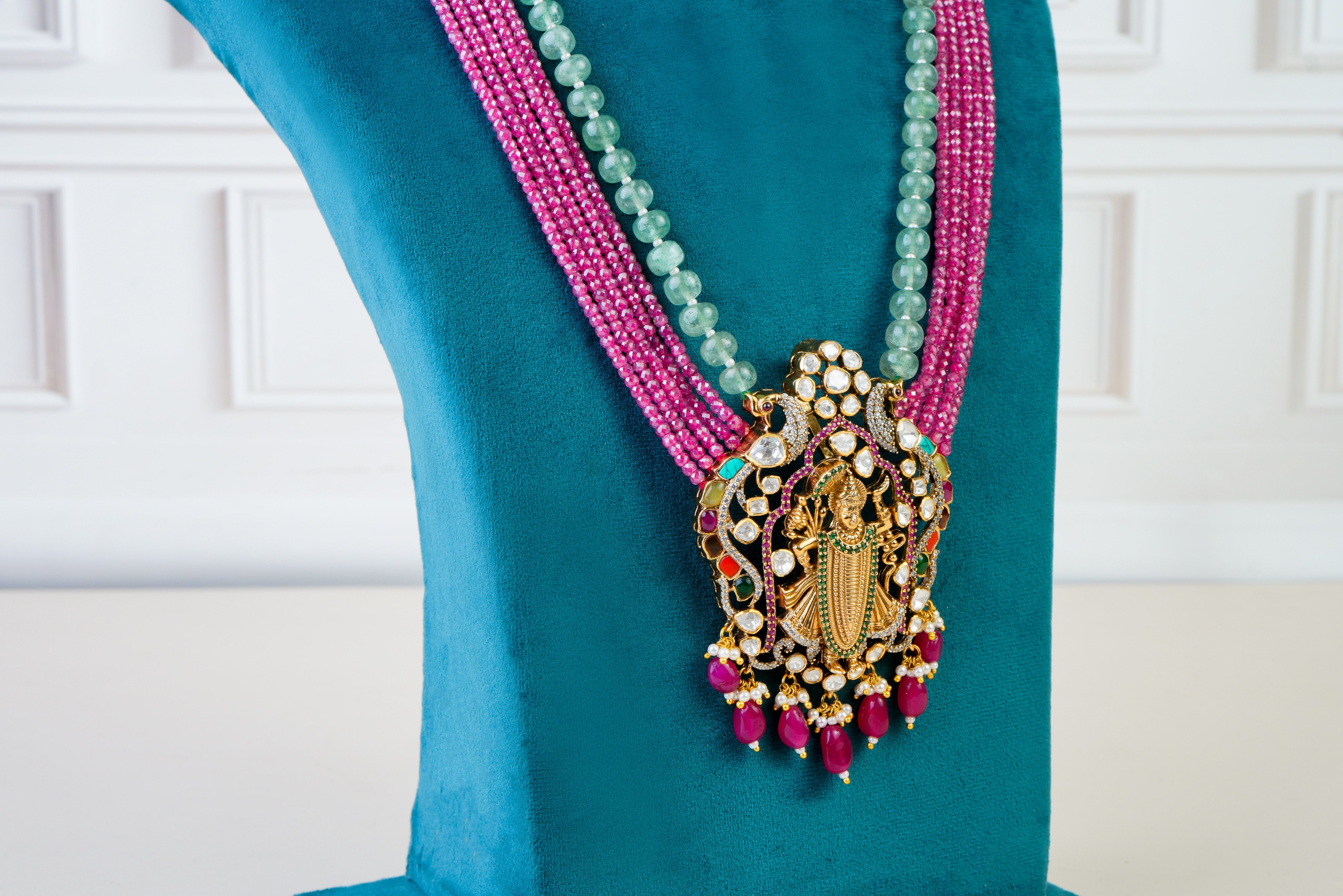 Temple Kundan Long Necklace with Multistrand Beads