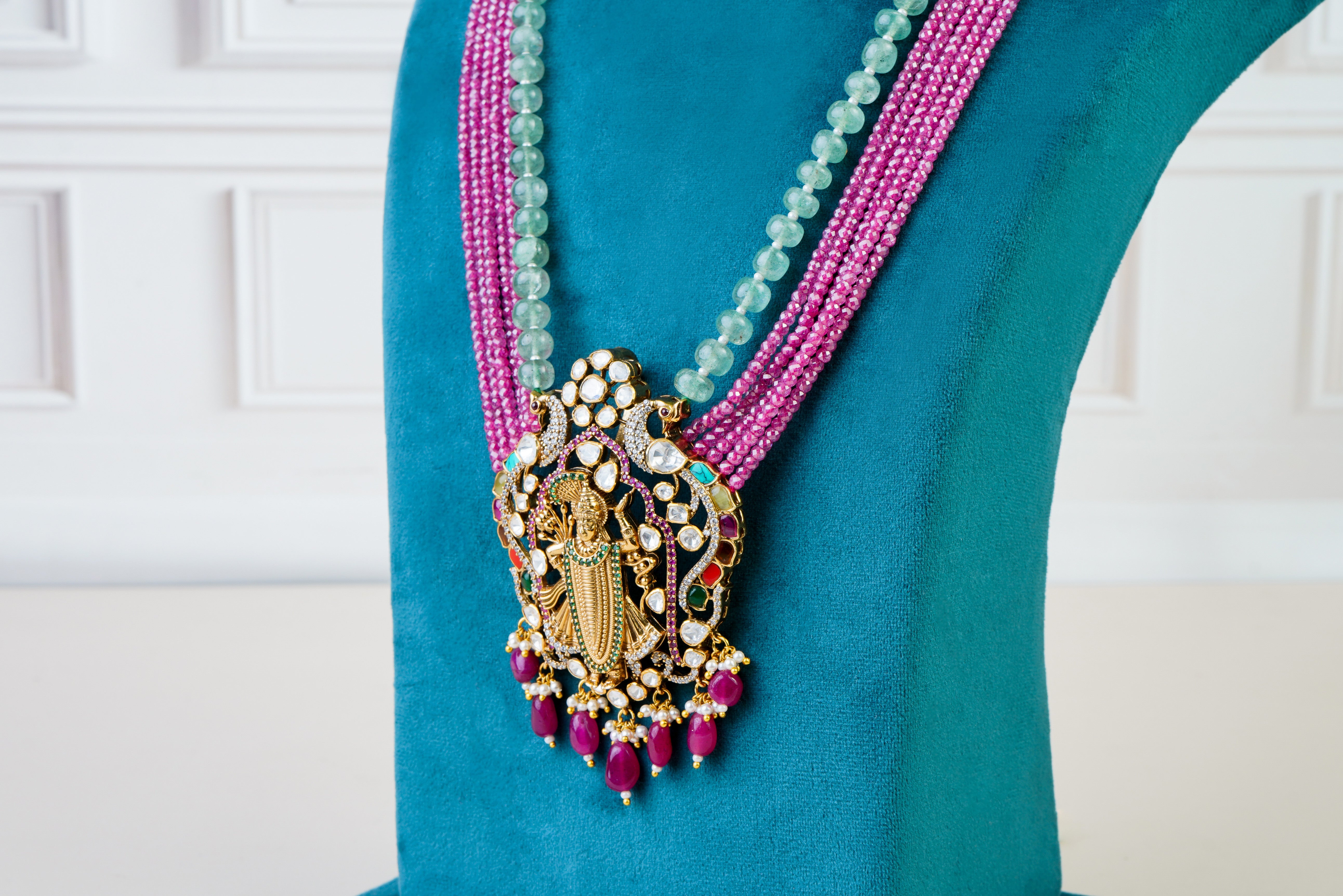 Temple Kundan Long Necklace with Multistrand Beads