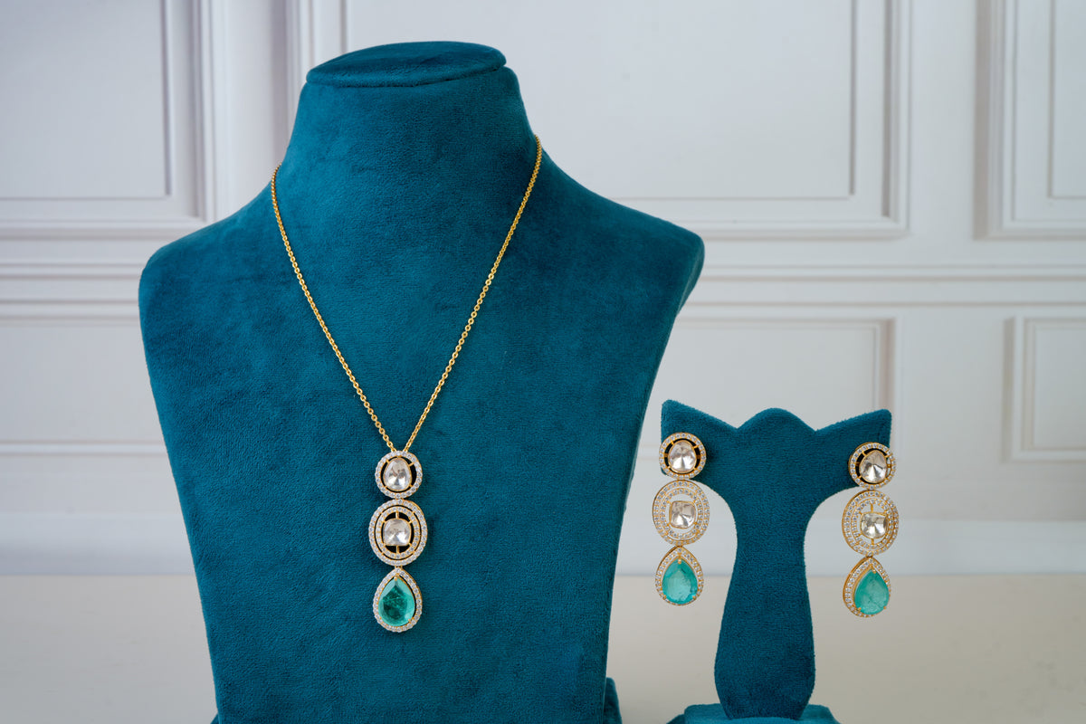 Elegant Polki Pendant Set with Emerald Drops