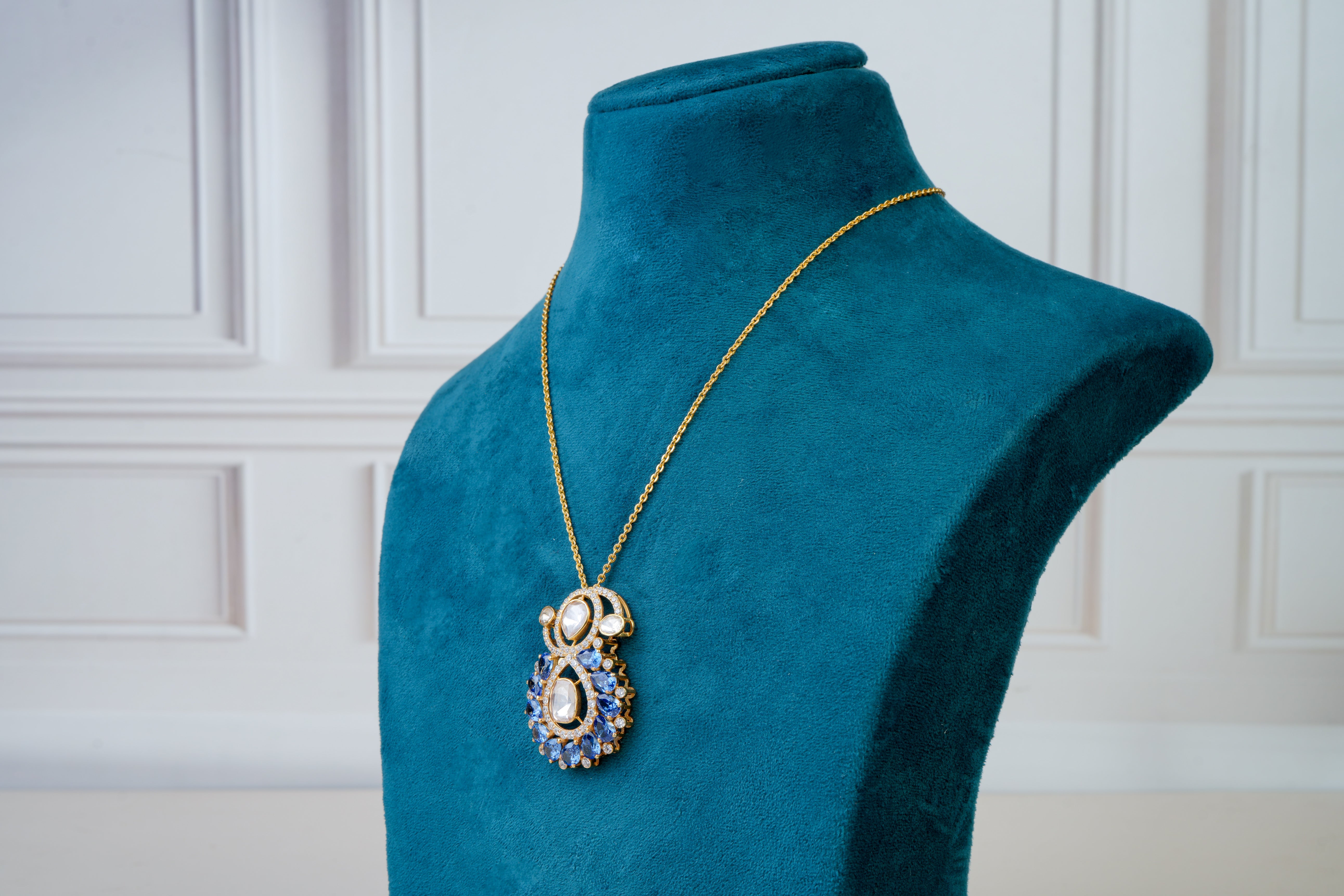 Polki Pendant Set with Sapphire Blue Accents