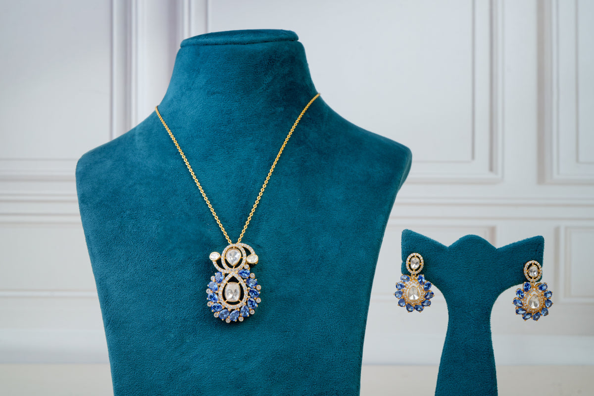 Polki Pendant Set with Sapphire Blue Accents