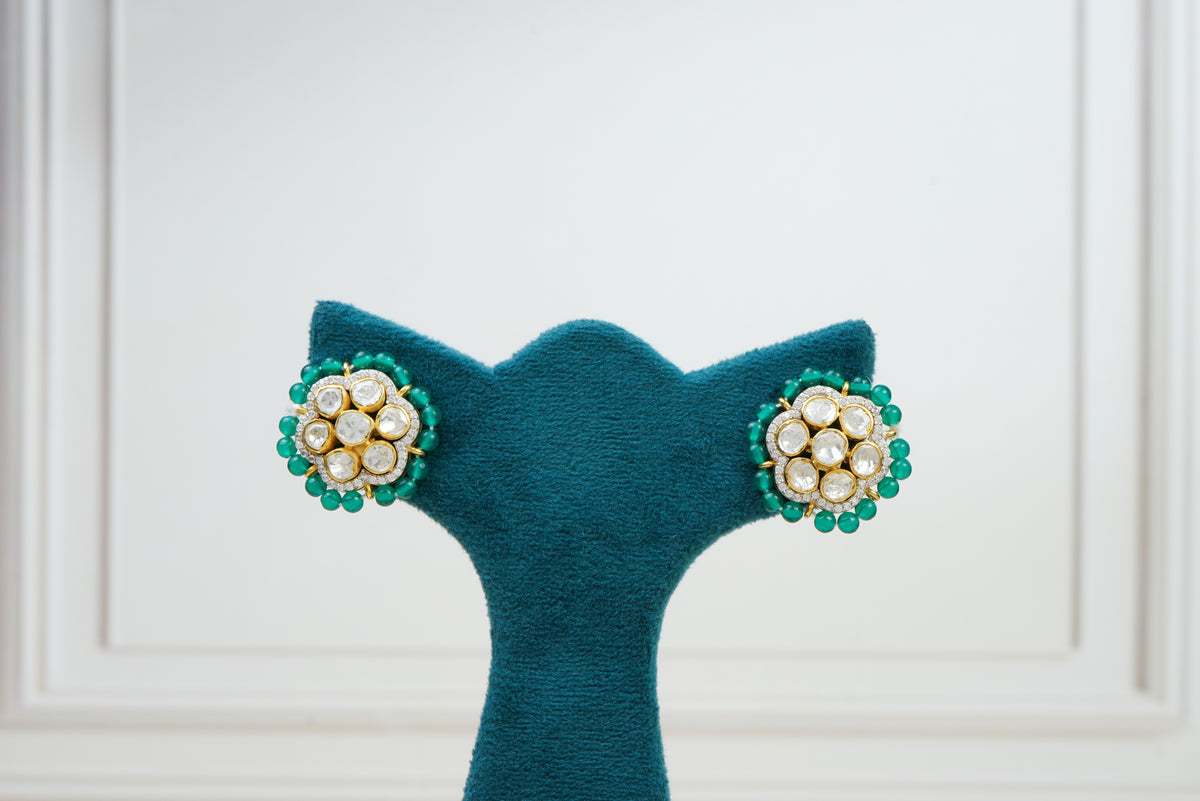 Silver Green Polki Floral Studs