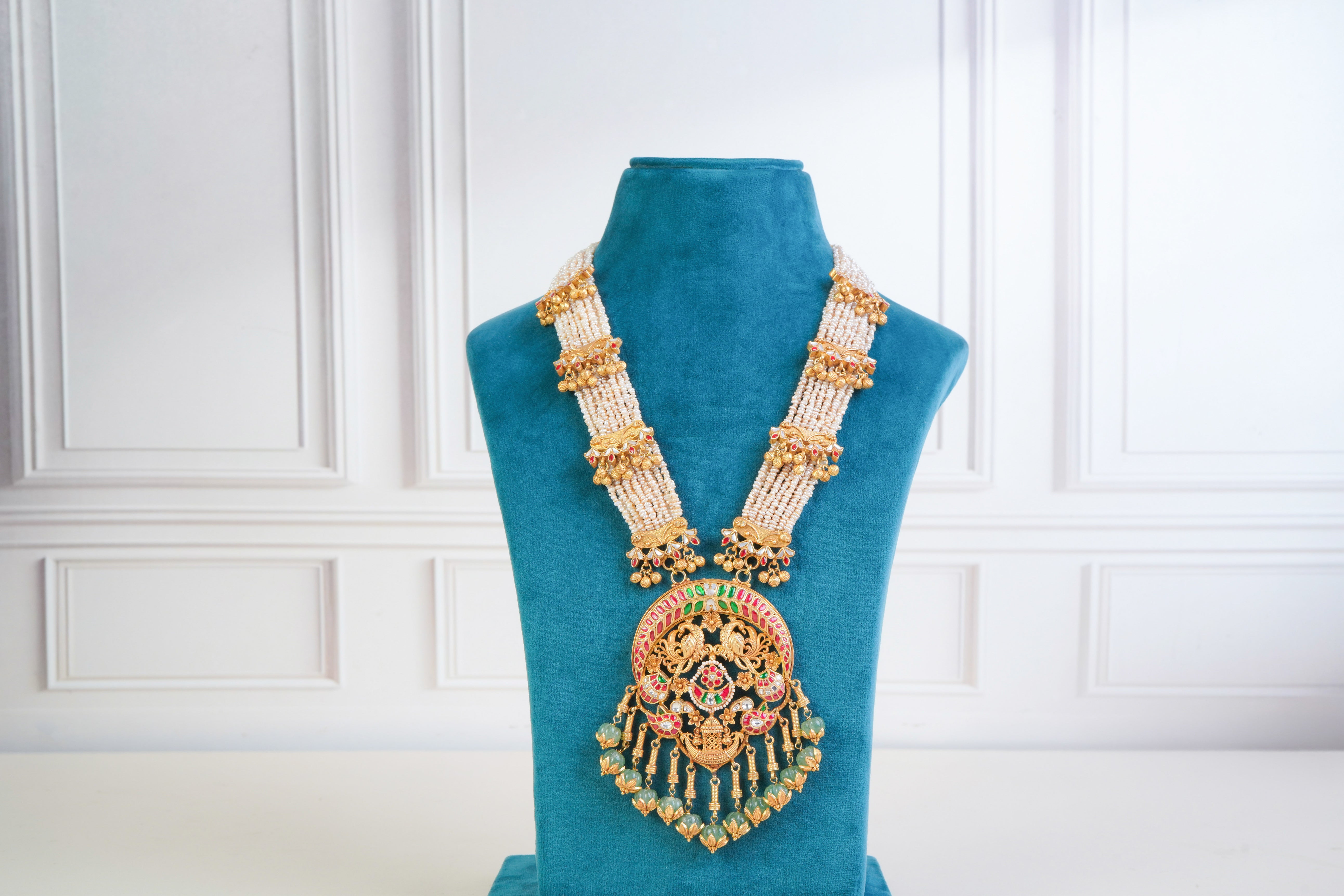 Royal Temple Pearl Necklace Set with Statement Pendant