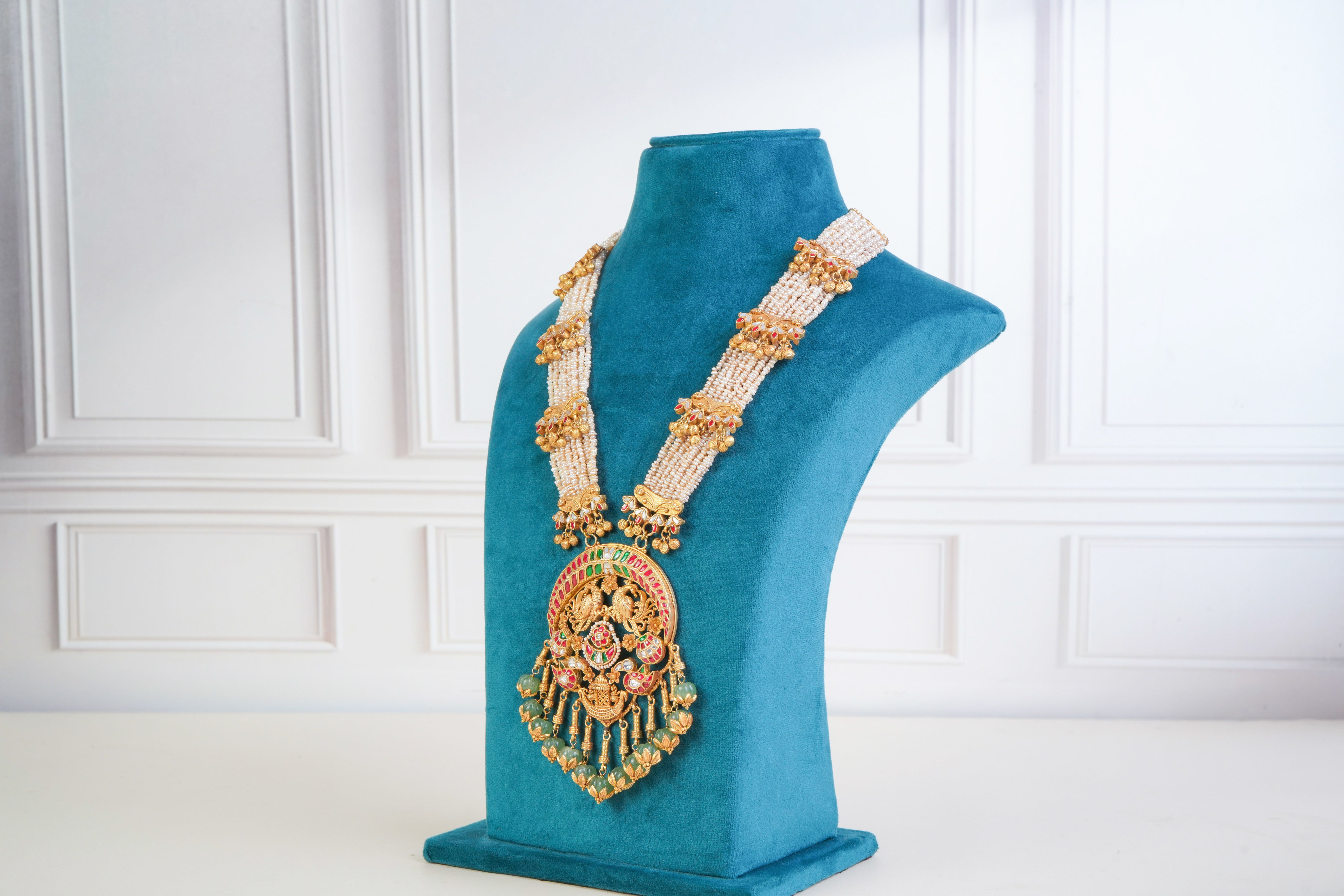 Royal Temple Pearl Necklace Set with Statement Pendant