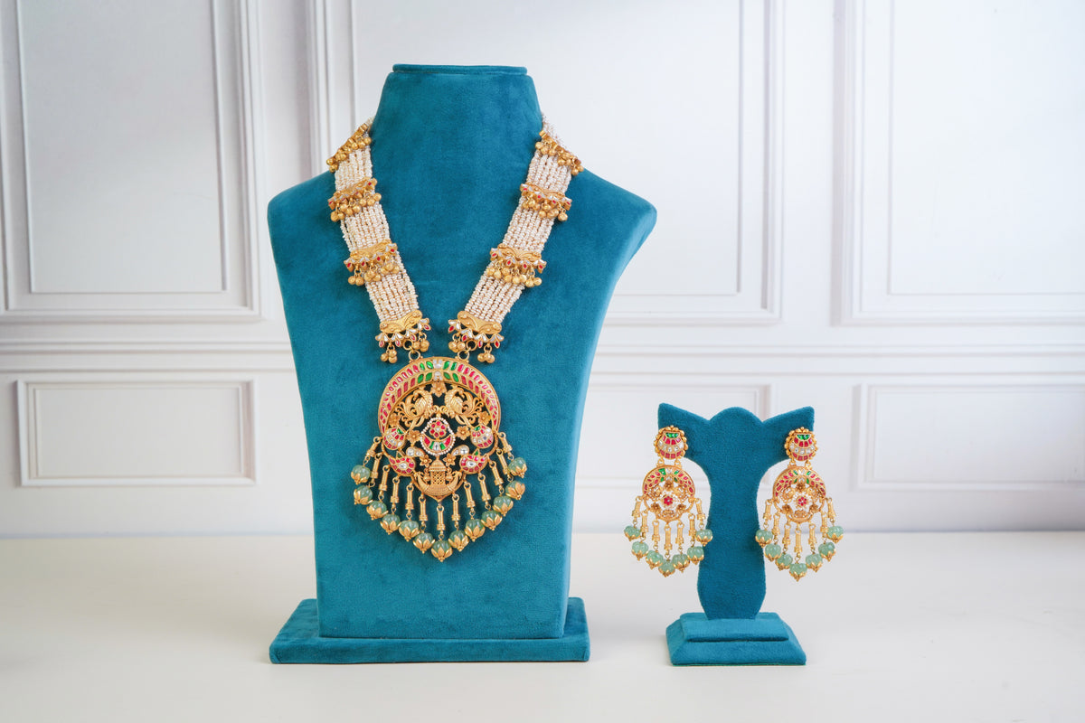 Royal Temple Pearl Necklace Set with Statement Pendant
