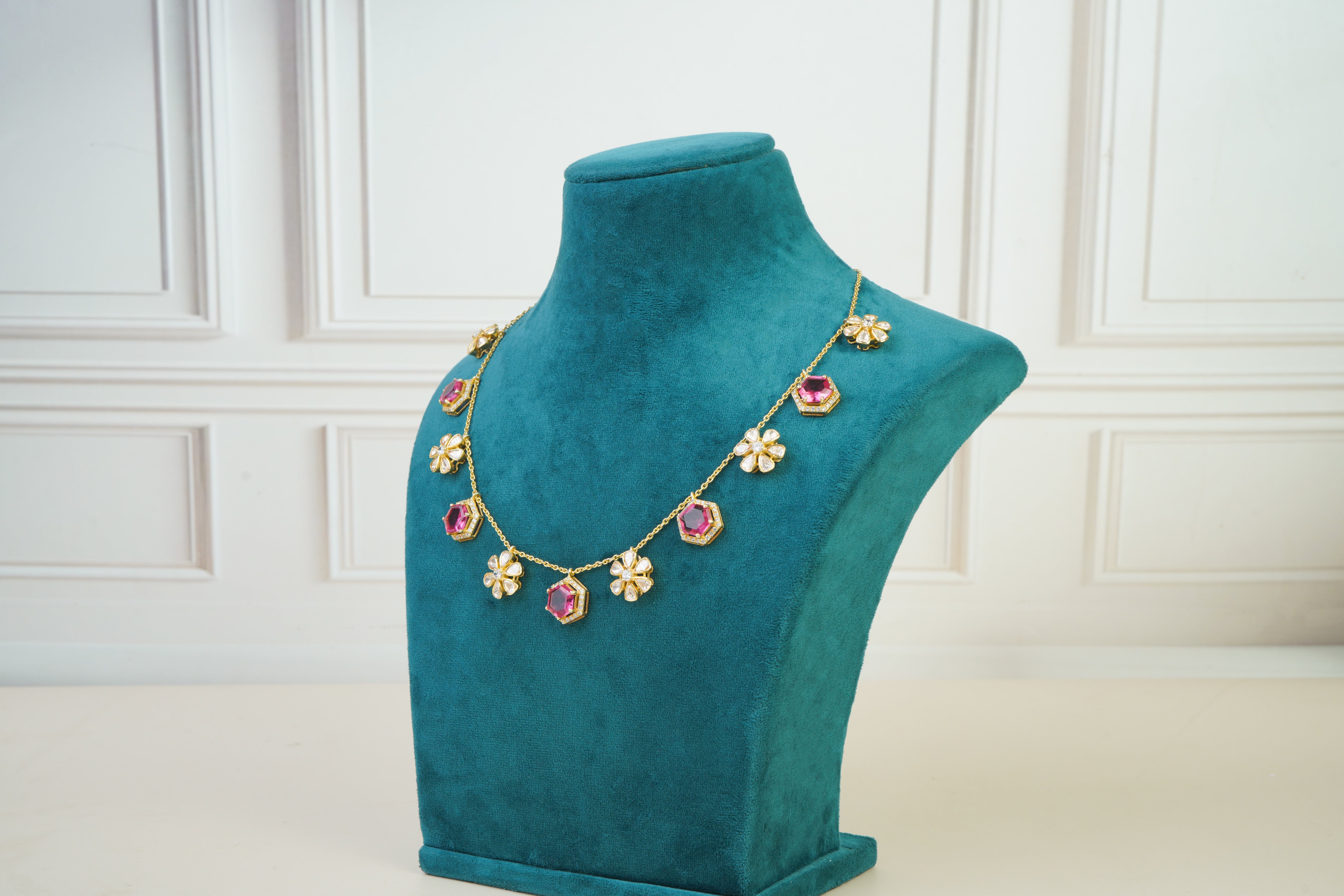 Pink Gemstone Floral Necklace