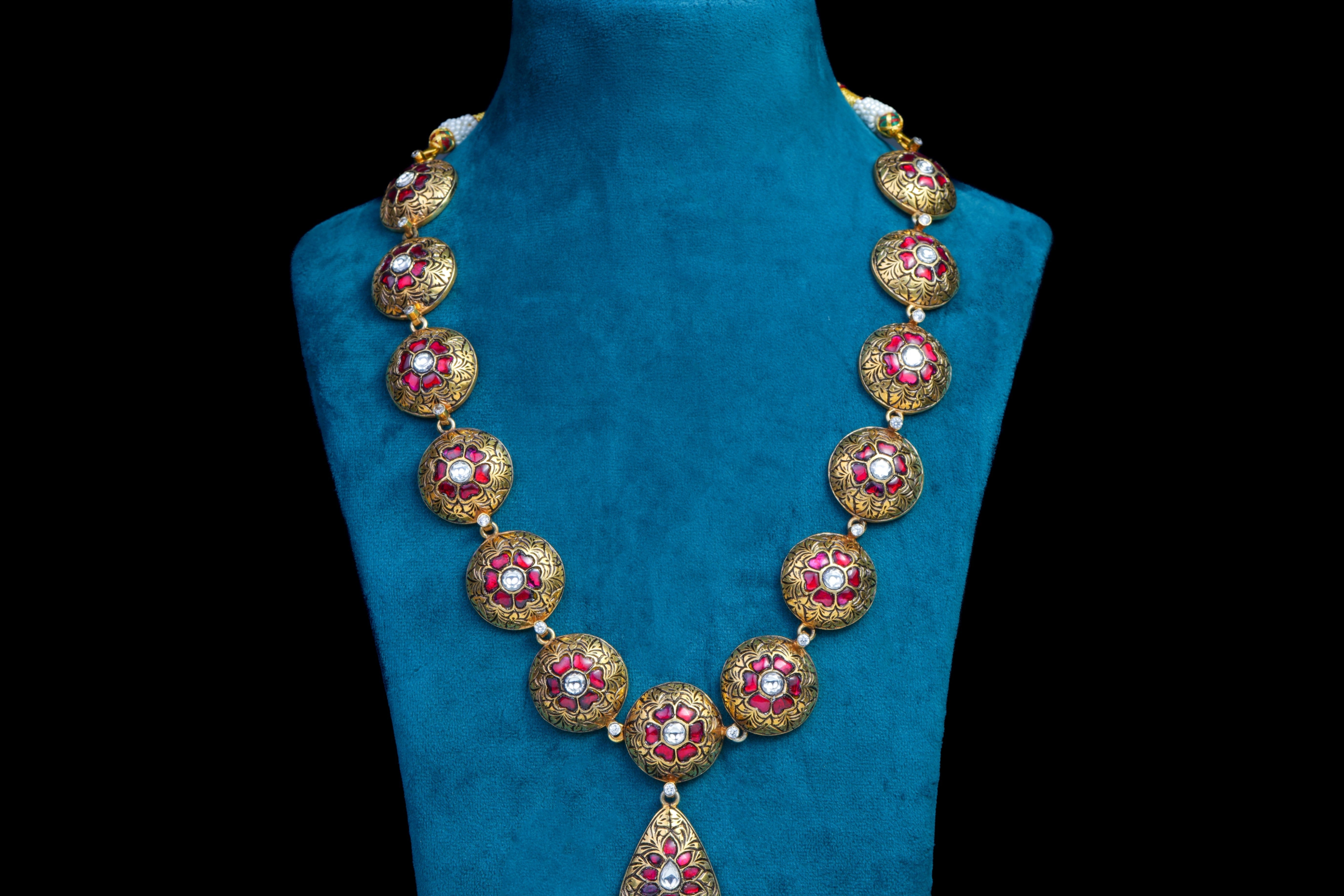 Royal Heritage Silver Necklace Set with Ruby & Green Stone Detailing