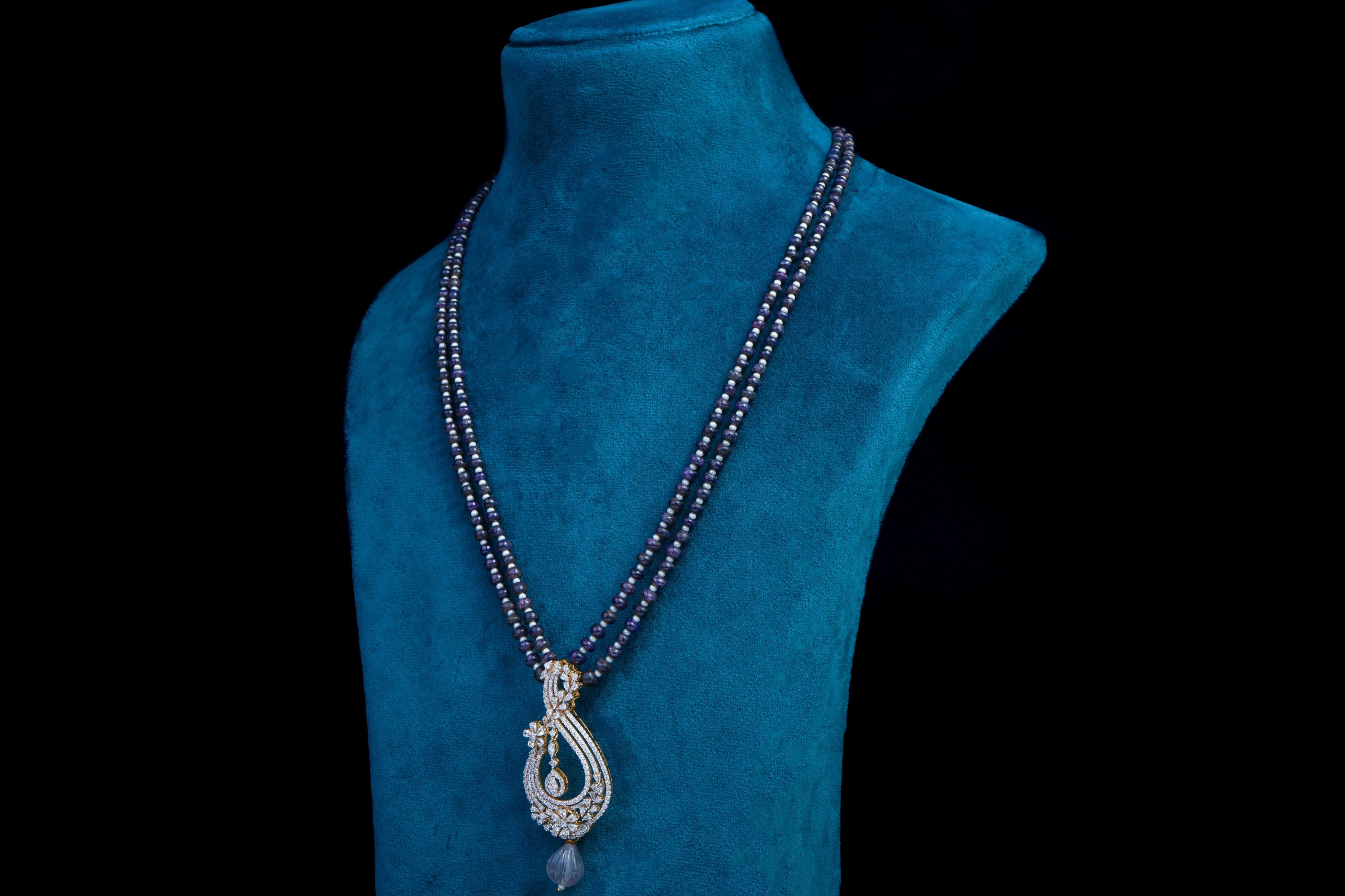Sapphire Beaded Diamond Pendant Set