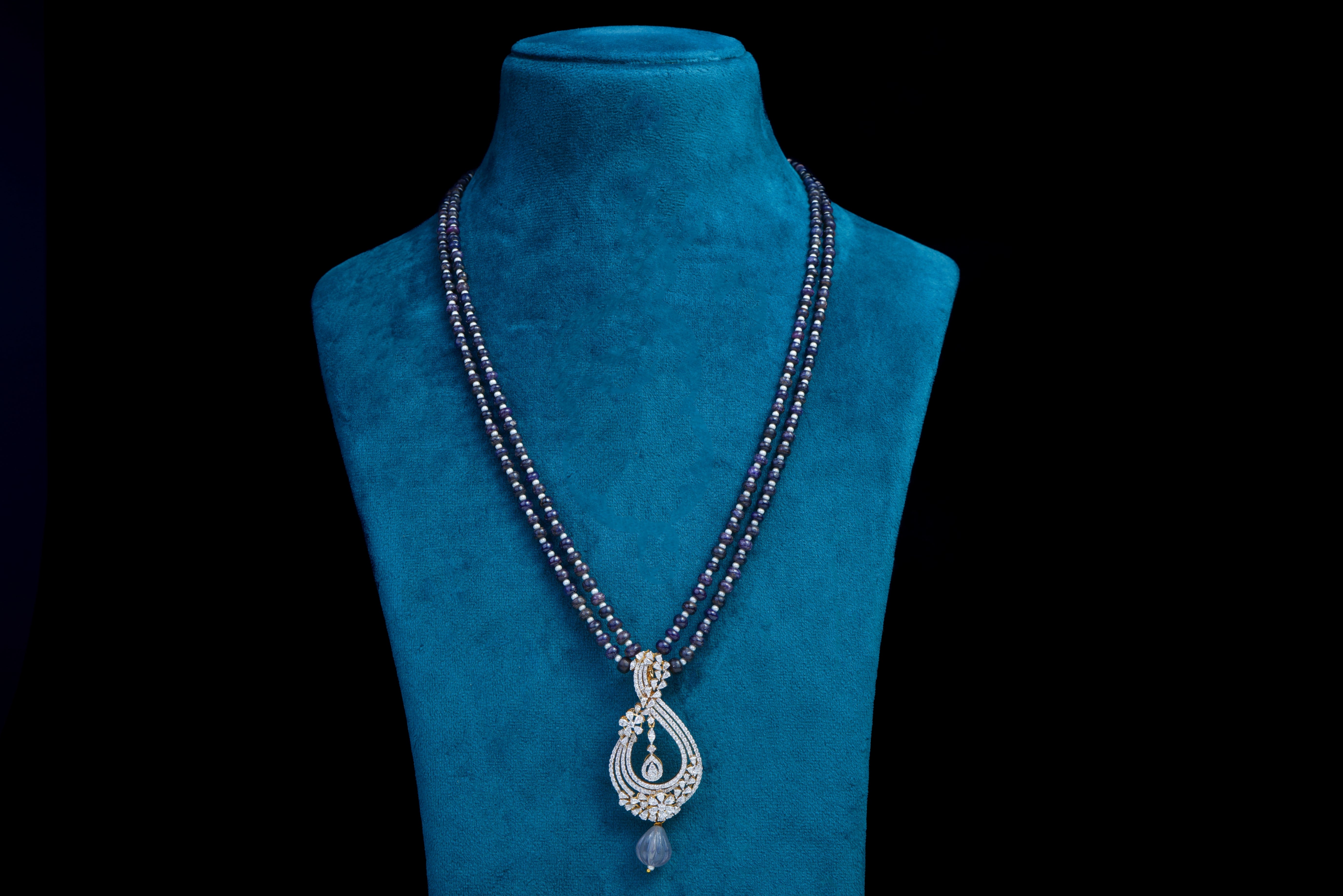 Sapphire Beaded Diamond Pendant Set