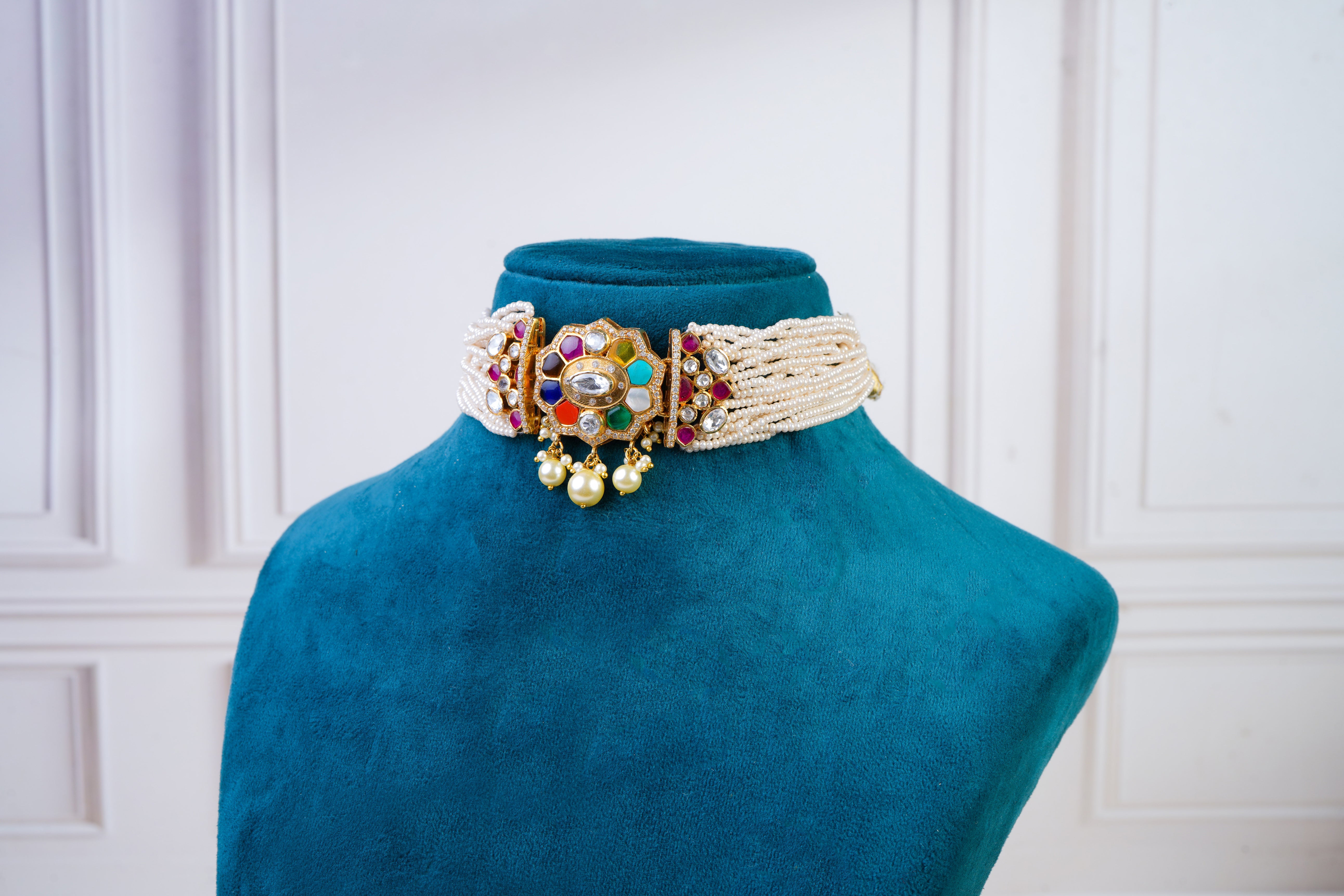 Multicolor Pearl Choker Set with Matching Earrings