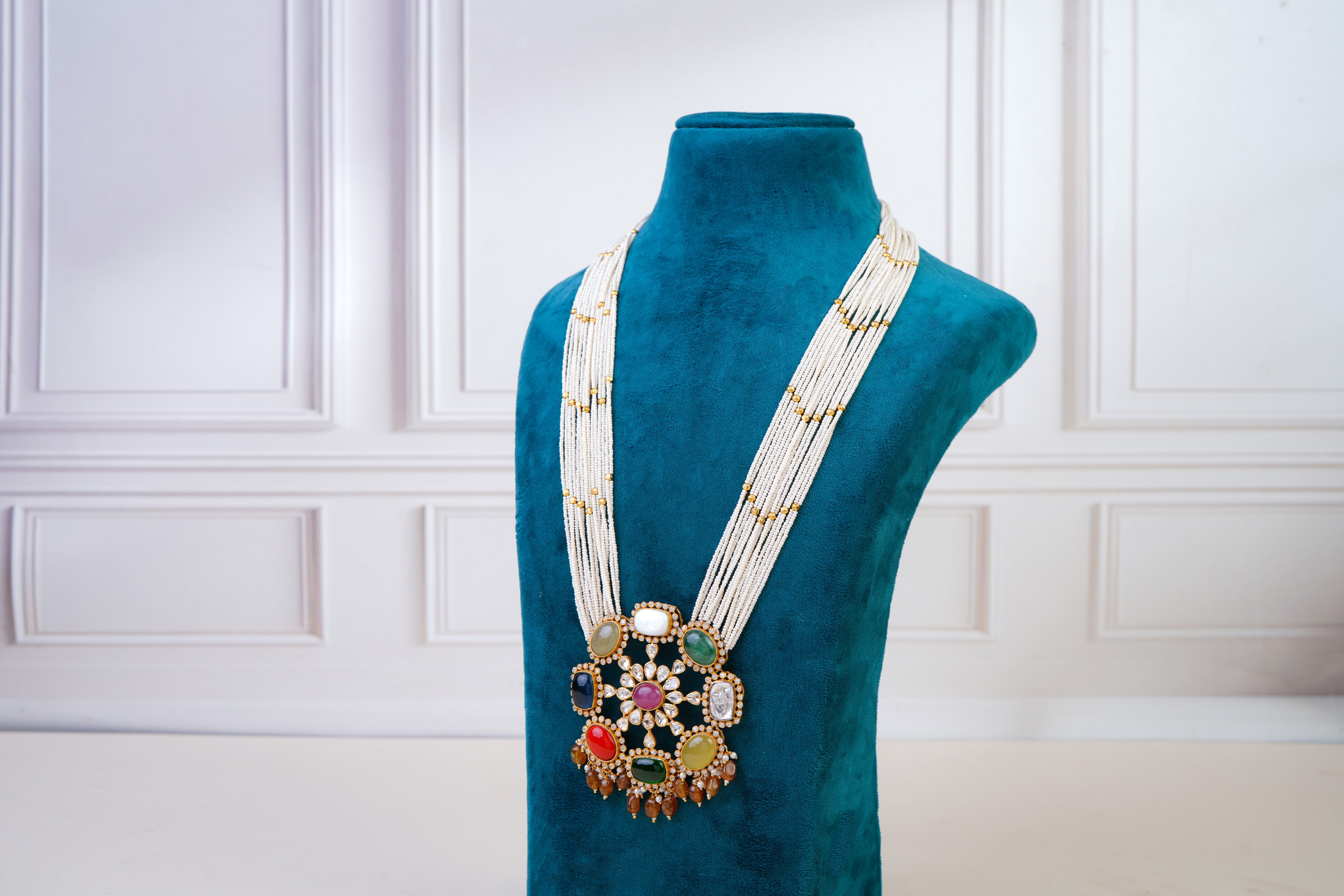 Navratna Pearl Long Necklace with Statement Pendant