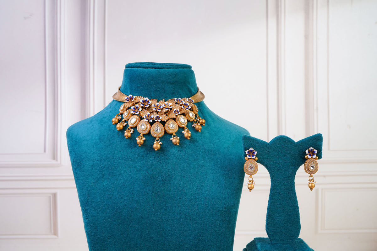Royal Blue Floral Kundan Choker Set