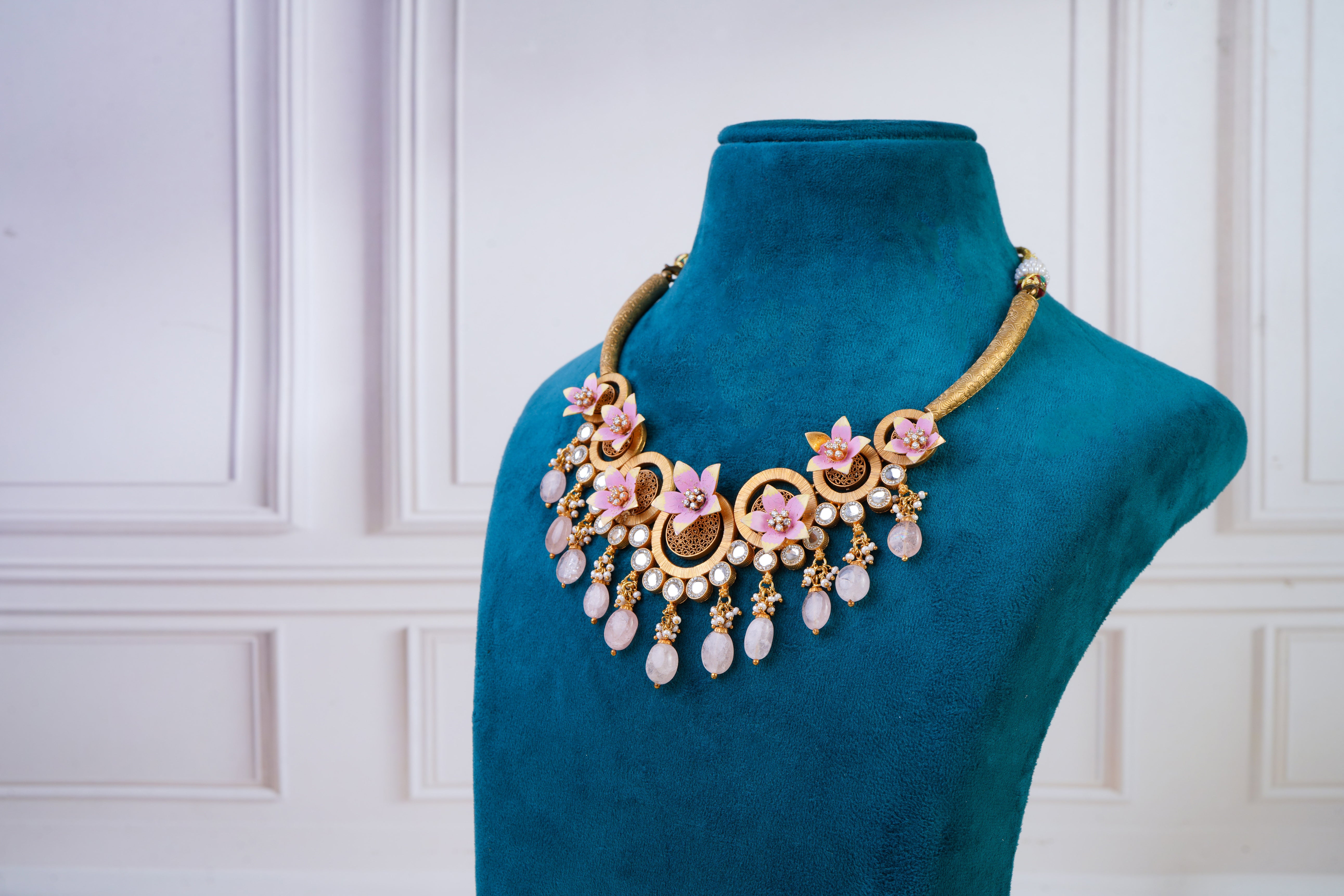Blush Pink Floral Kundan Necklace Set