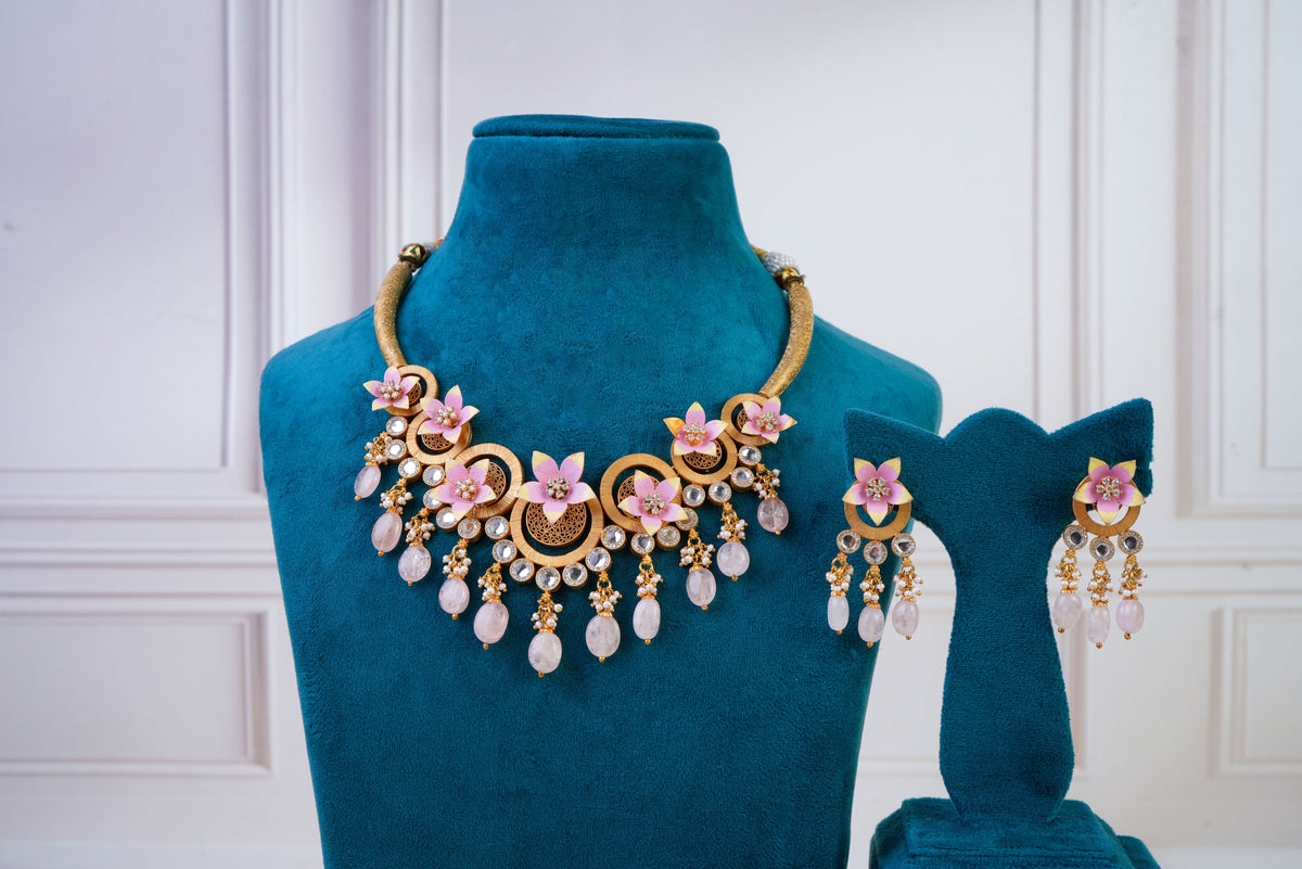 Blush Pink Floral Kundan Necklace Set