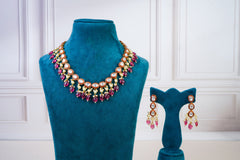 Pink Crystal Kundan Necklace Set with Drop Earrings