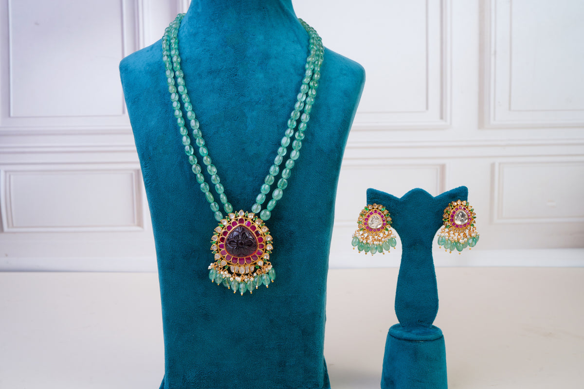 Aqua Green Beaded Kundan Pendant And Earrings