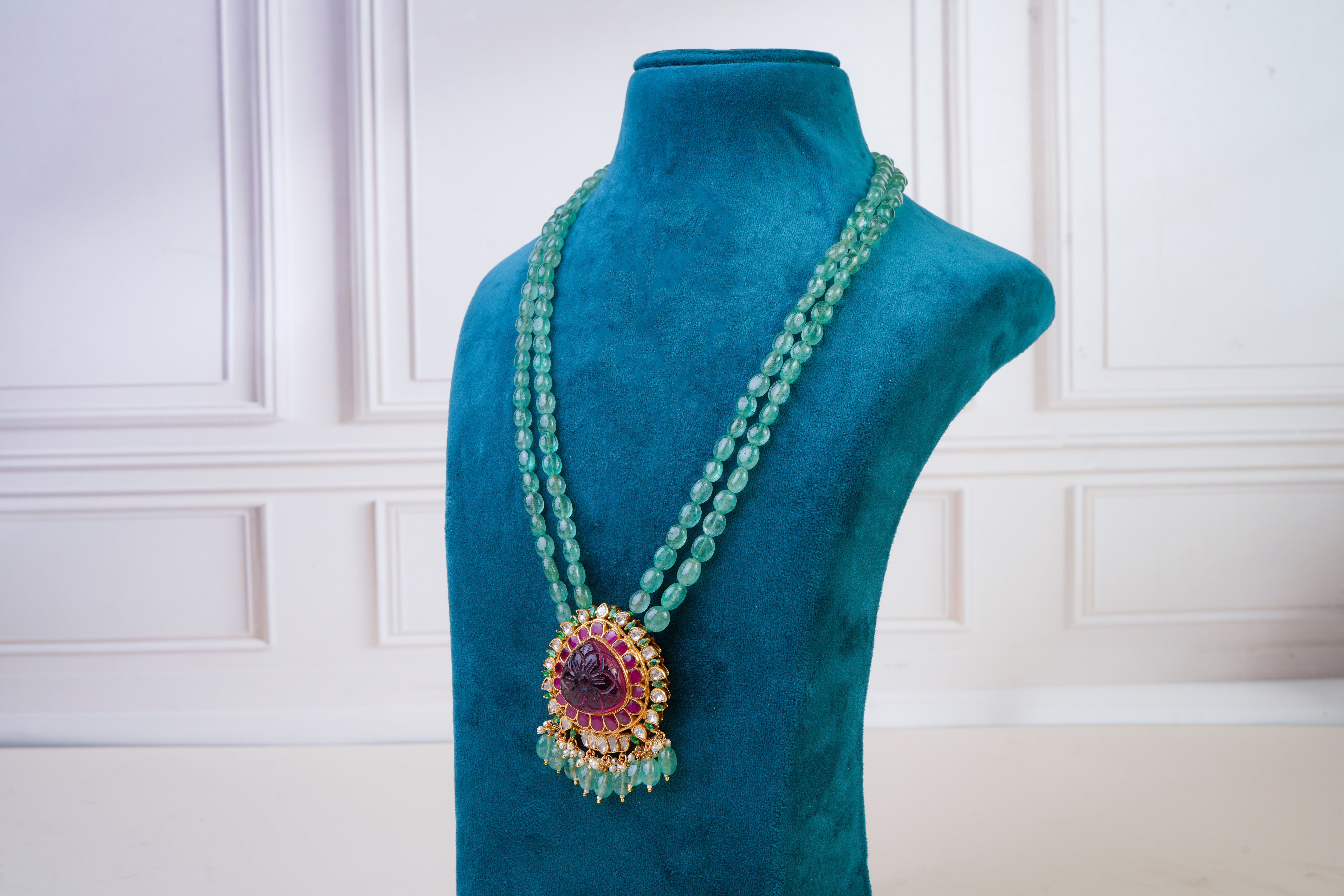 Aqua Green Beaded Kundan Pendant And Earrings