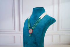 Green Beaded Pendant Necklace Set with Pink Kundan Accents